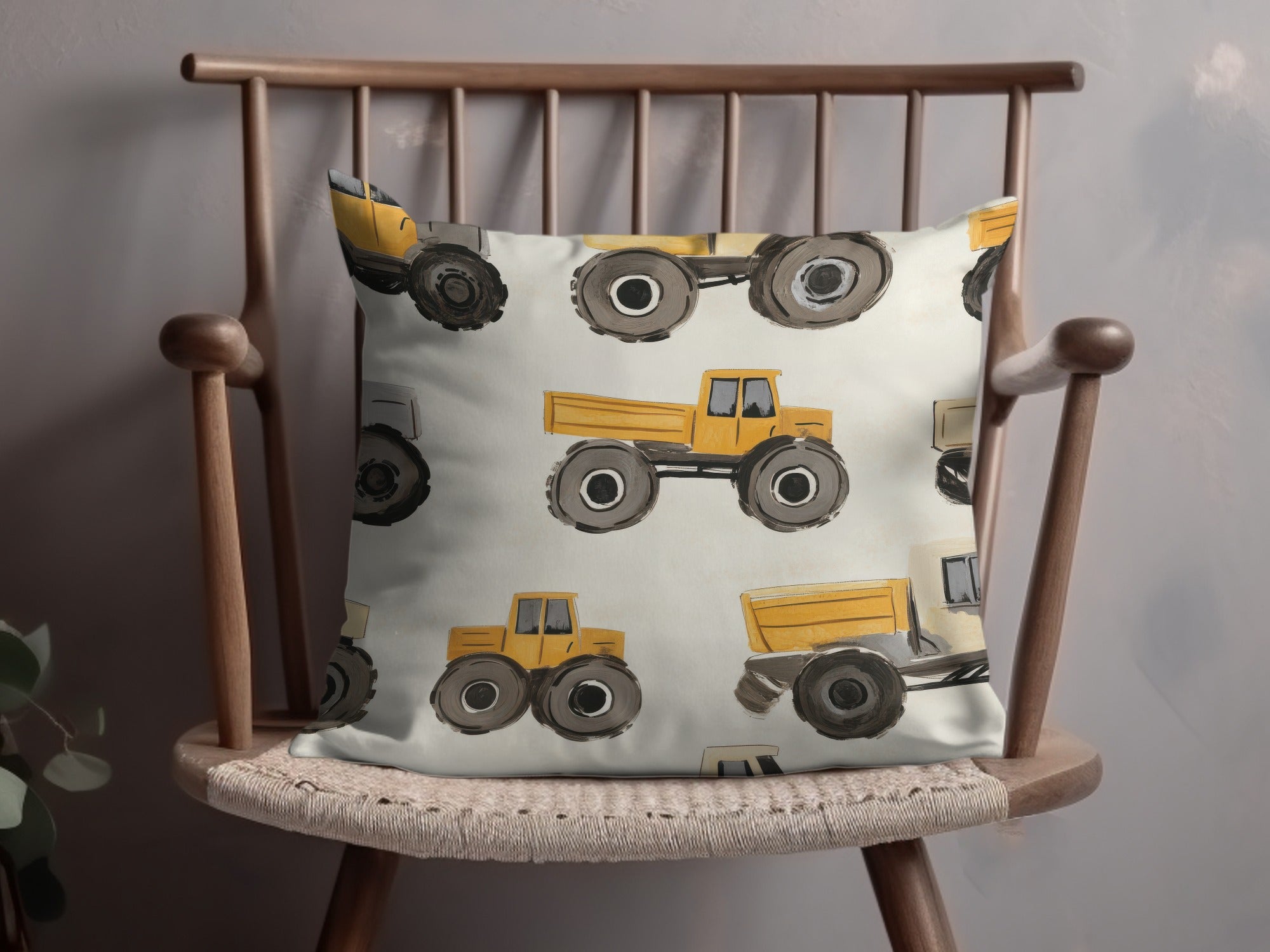 Kids Construction Decorative Pillow, Yellow Truck and Digger Cushion, Boy's Room Throw Pillow, Vehicle Pattern Nursery Decor Essential