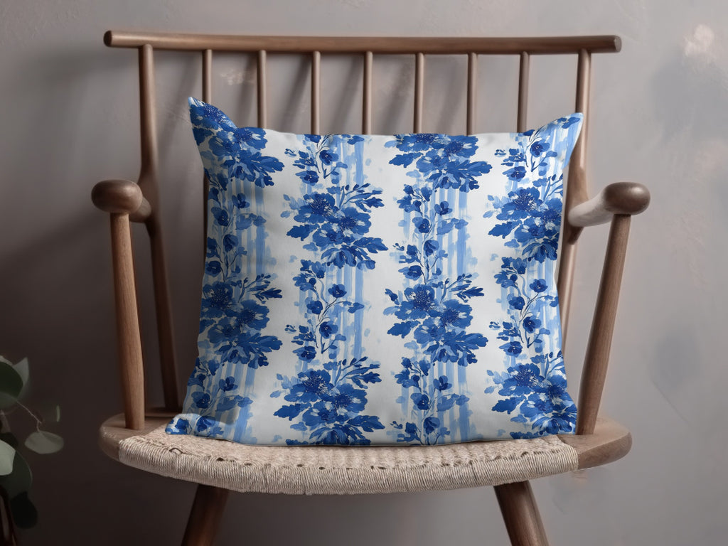 Blue Floral Cushion Cover, Decorative Throw Pillow Case, Vintage Botanical Design, Sofa Accessory, Chic Home Decor Item, Cotton Fabric