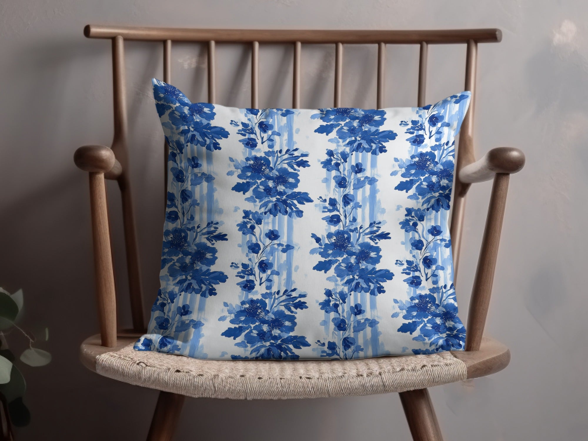 Blue Floral Cushion Cover, Decorative Throw Pillow Case, Vintage Botanical Design, Sofa Accessory, Chic Home Decor Item, Cotton Fabric