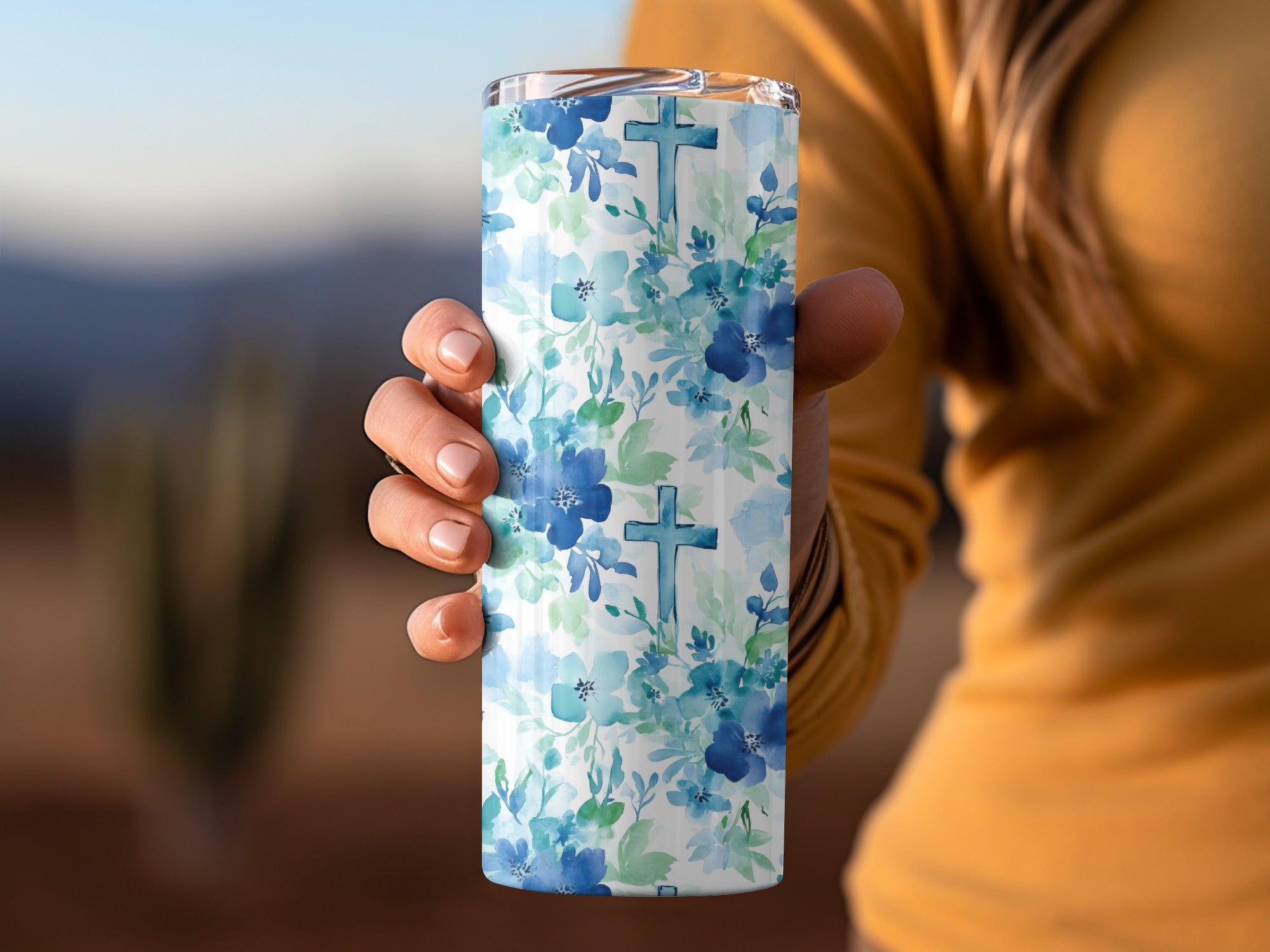 Floral Christian Tumbler, Blue and Green Flower Design, Insulated Drinkware, Faith-Based Gift, Elegant Beverage Holder, Unique Church Gift