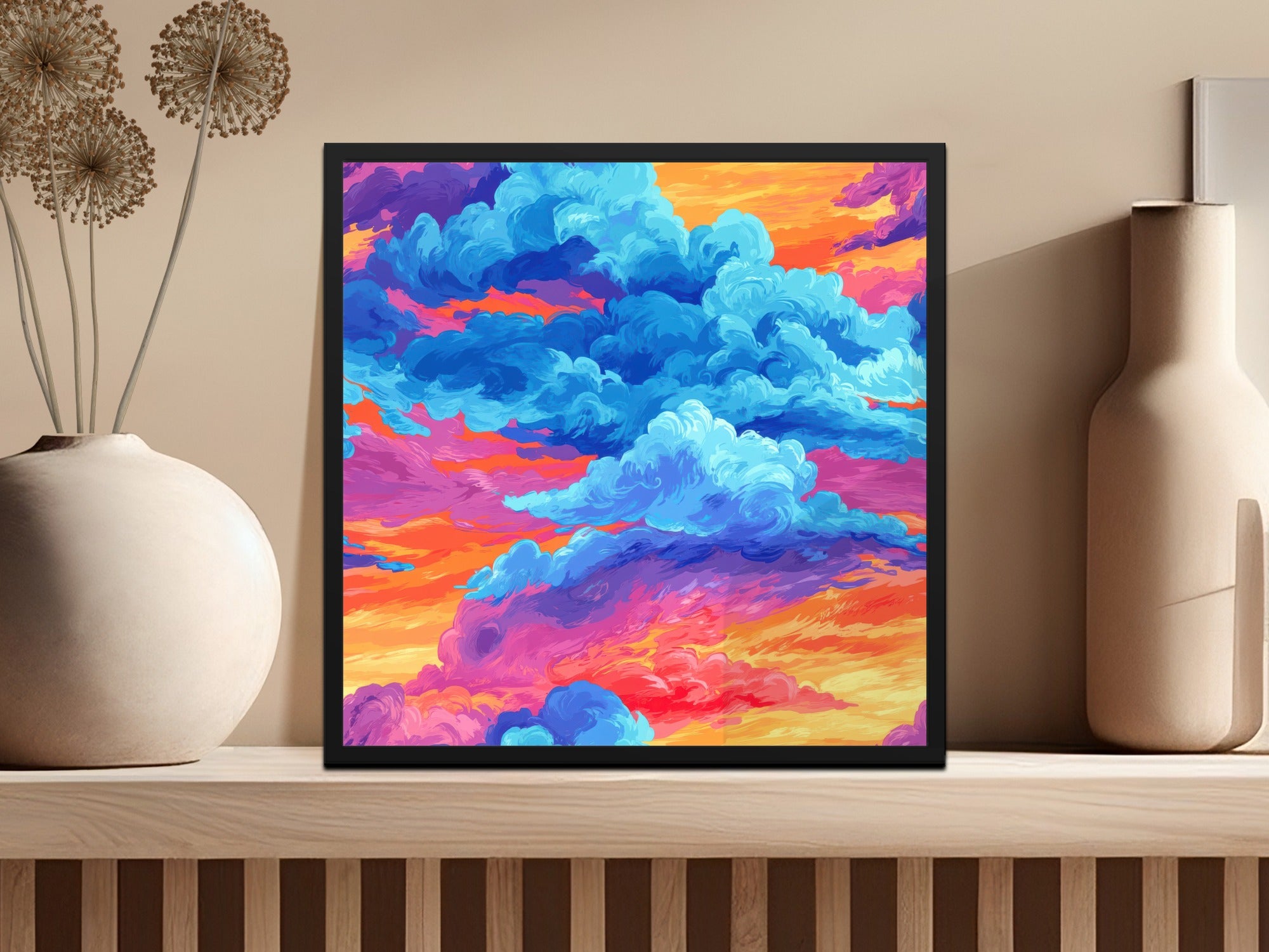 Colorful Abstract Sky Canvas Art, Vibrant Blue and Orange Clouds Painting, Large Wall Decor, Modern Home Artwork, Sunset Landscape Print