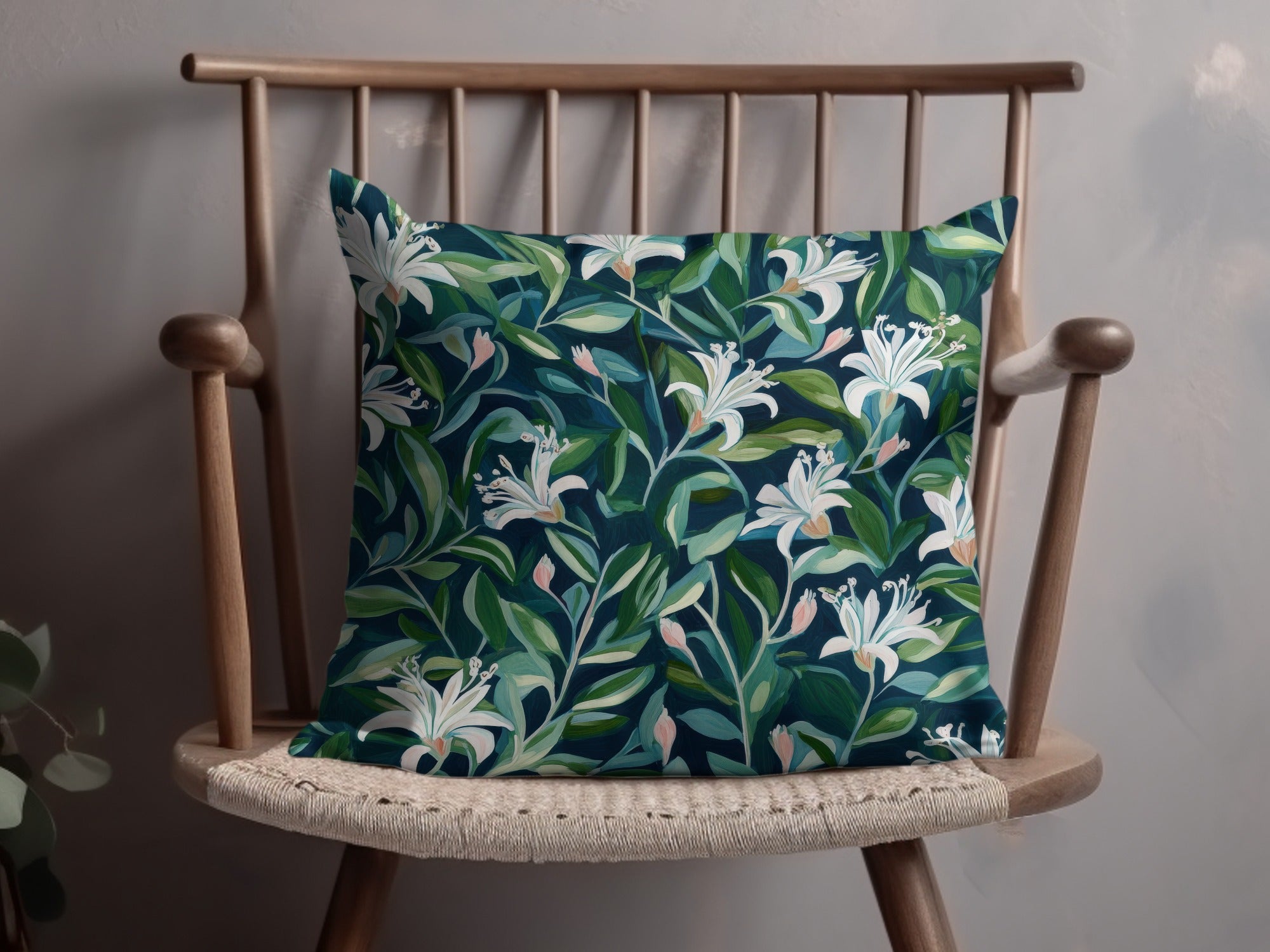 Floral Throw Pillow Cover, Lush Green and White Botanical Print, Decorative Cushion for Home and Living Room Decor, Nature Inspired