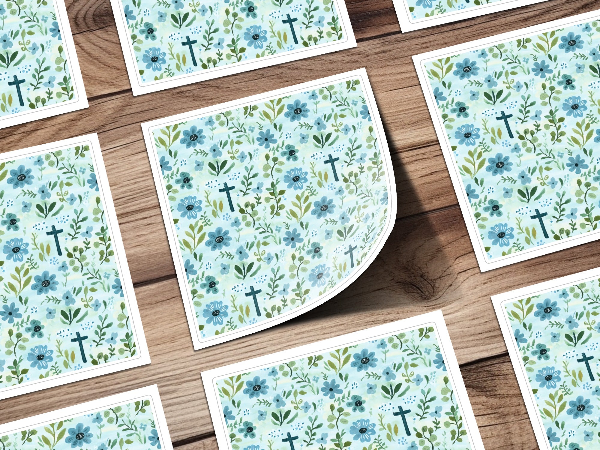 Floral Christian Coasters Set, Blue Green Flower and Cross Design, Waterproof Drink Mats, Religious Home Decor, Spiritual Gifts, Table