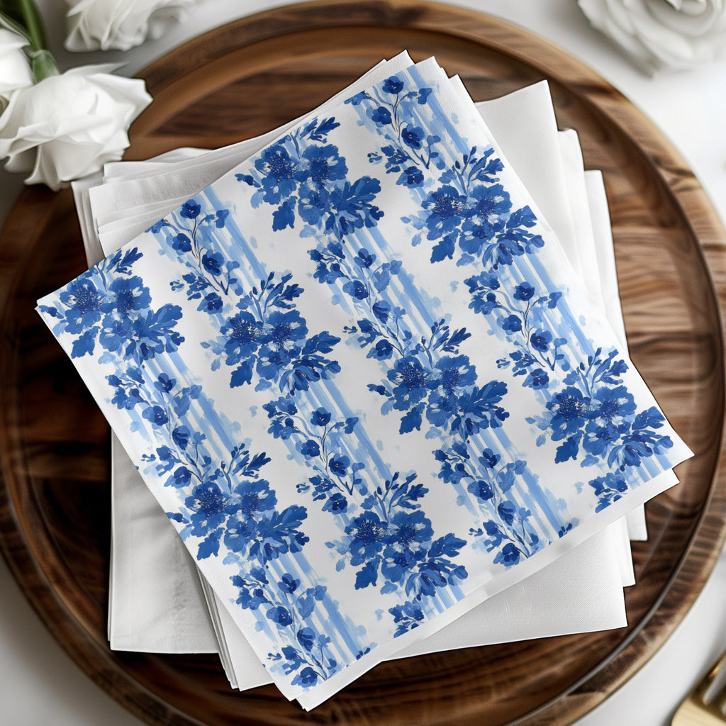 Blue Floral Napkins, Dinner Table Decor, Cotton Linen Napkins Set, Elegant Washable Reusable Table Linens, Party and Wedding Supplies