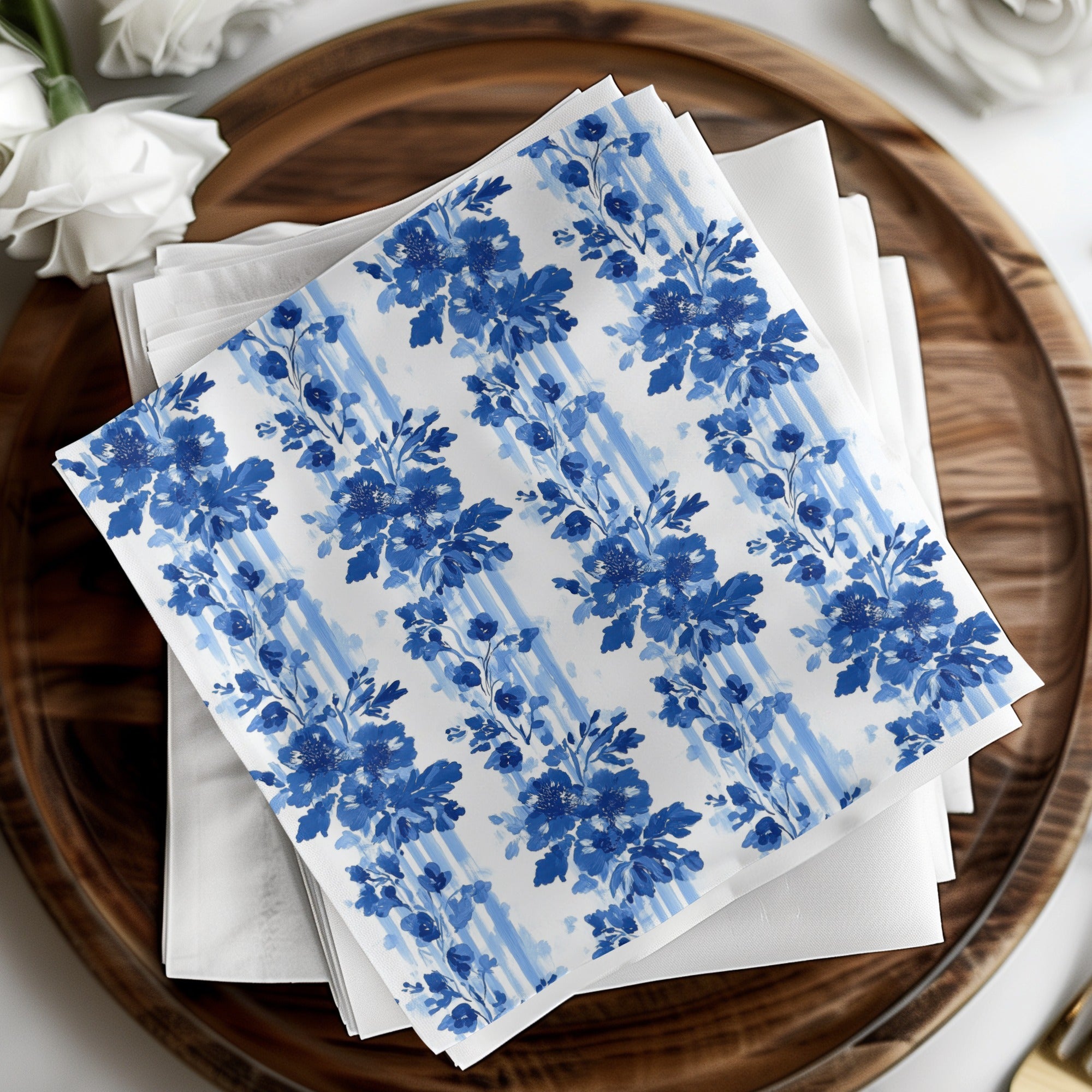 Blue Floral Napkins, Dinner Table Decor, Cotton Linen Napkins Set, Elegant Washable Reusable Table Linens, Party and Wedding Supplies
