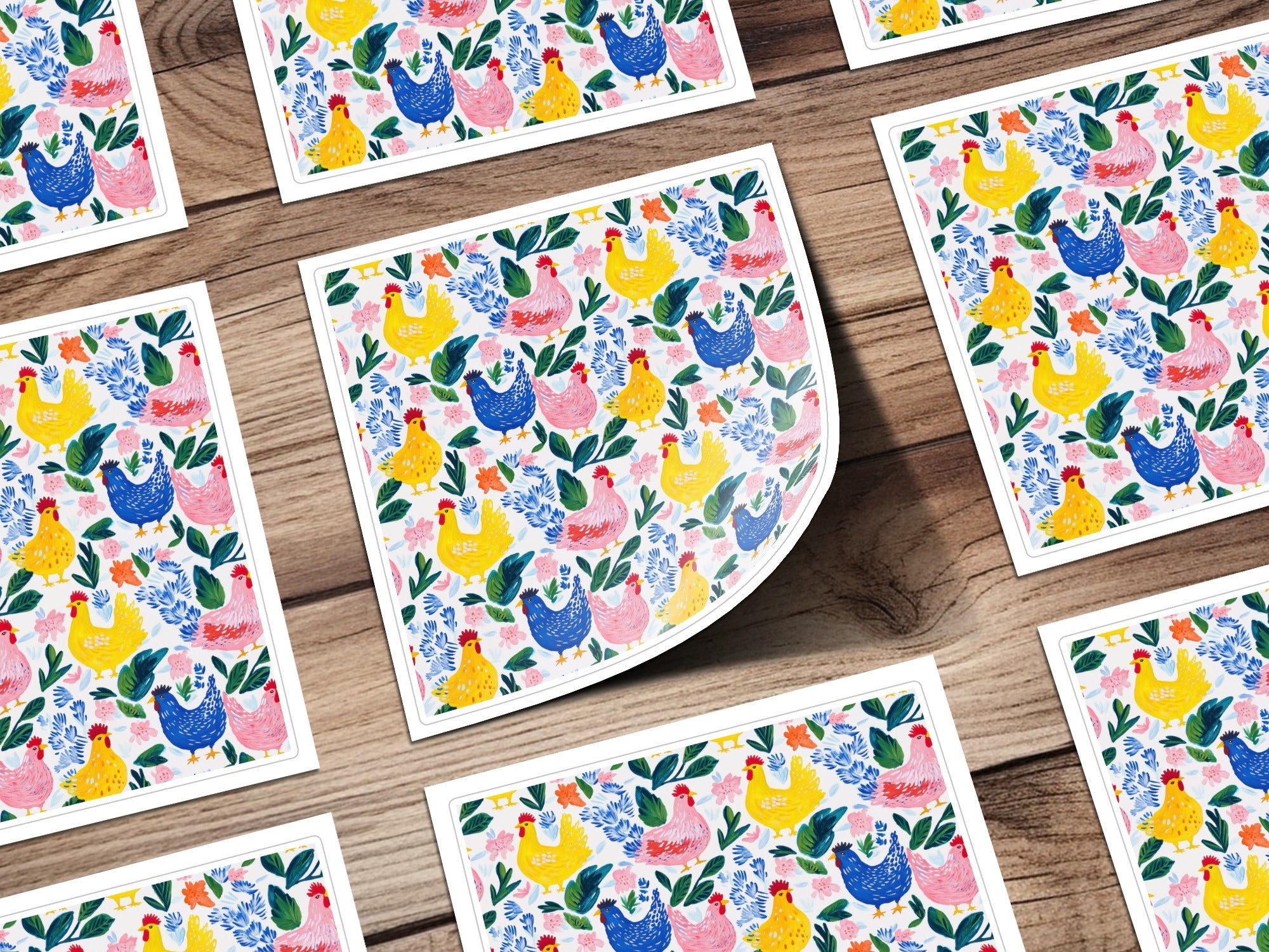 Colorful Chicken and Floral Pattern Coaster Set, Farmhouse Kitchen Decor, Unique Hand-Painted Style, Gift for Chicken Lovers