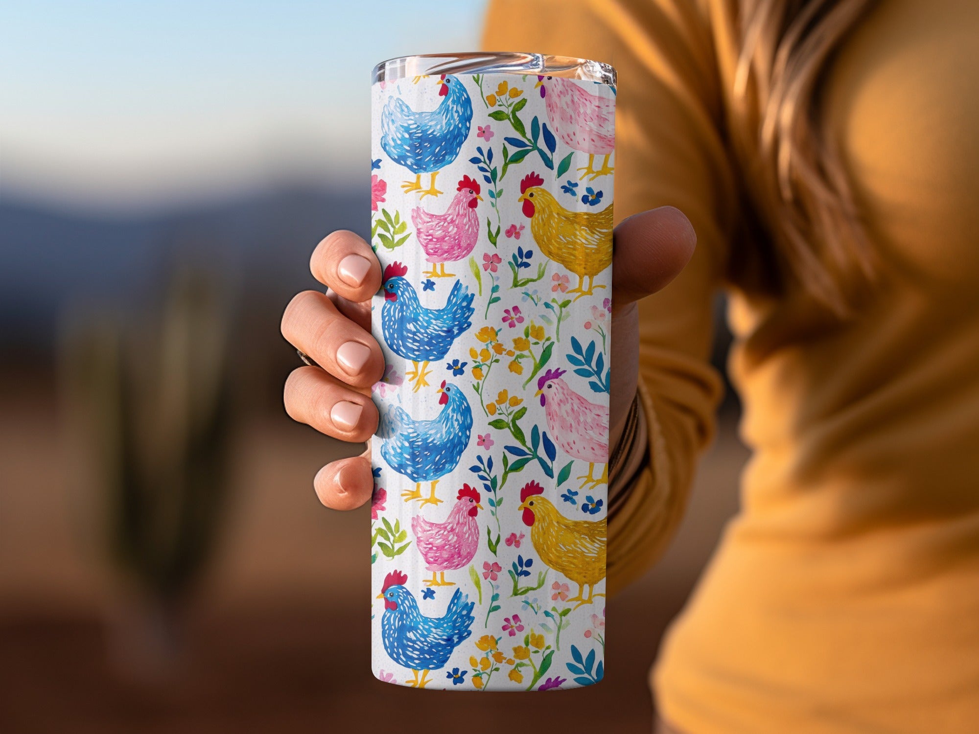Colorful Chicken and Floral Pattern Tumbler, Insulated Travel Mug, Farmhouse Kitchen, Unique Gift for Animal Lovers