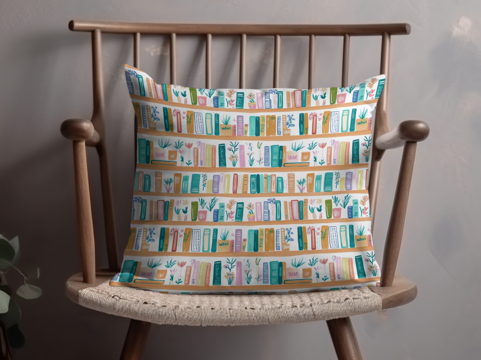 Colorful Bookshelf Pattern Cushion Cover, Decorative Throw Pillow for Home Library, Unique Reading Nook Decoration, Gift for Book Lovers