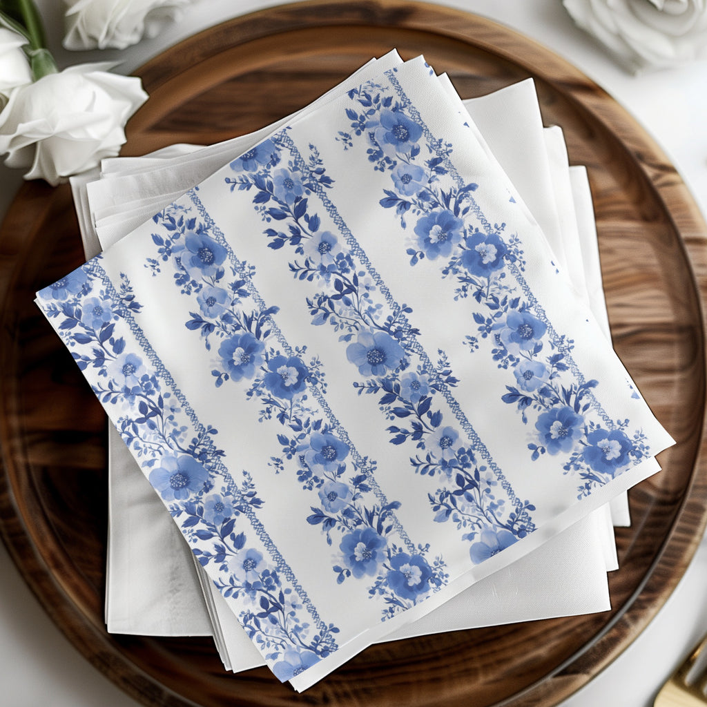 Blue Floral Striped Napkins, Elegant Cotton Dining Napkins, Set of 4, Classic Blue and White Table Linens, Wedding Table Decor, Cotton