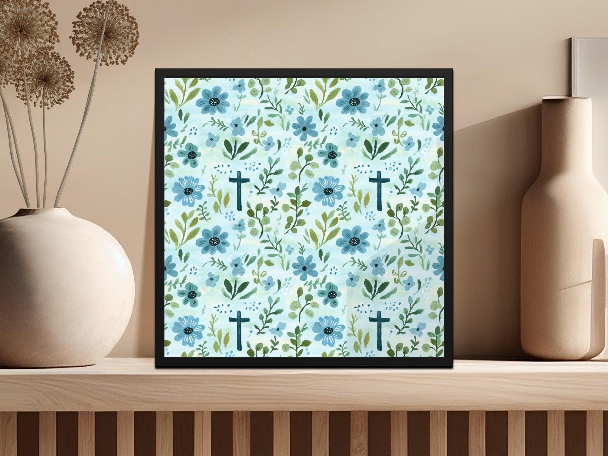 Floral Christian Wall Art, Blue Flowers and Crosses Print, Religious Home Decor, Serene Spiritual Poster, Biblical Gift Ideas