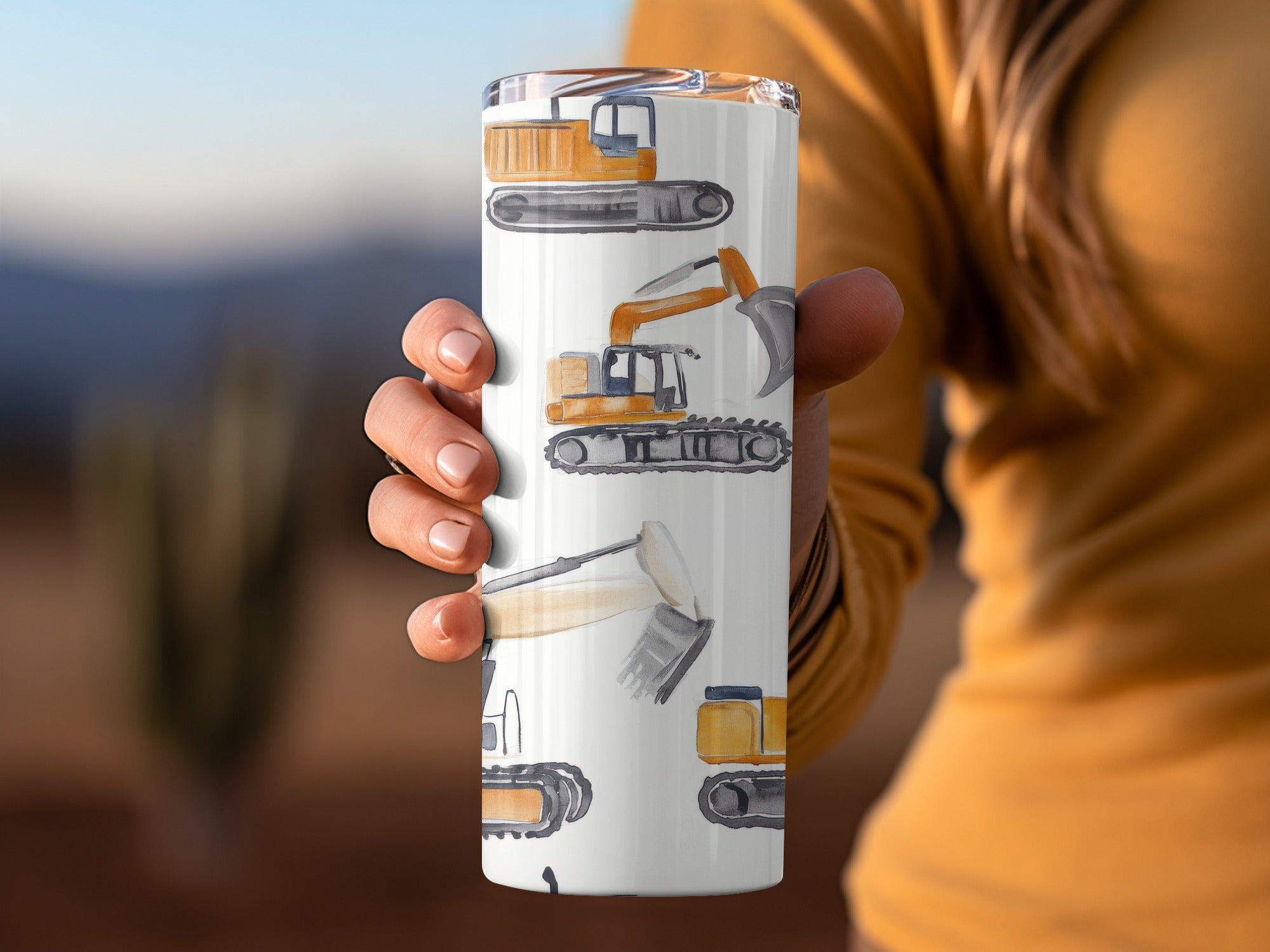 Construction Theme Tumbler, Insulated Coffee Travel Mug, White Steel Tumbler with Excavator Print, Gift for Construction Workers