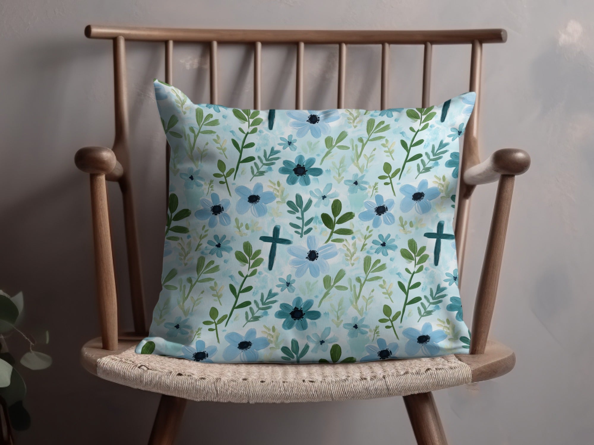 Floral Throw Pillow Cover, Blue and Green Flowers, Decorative Spring Cushion Case, Home Decor, Living Room, Sofa Accessory, Fresh Design
