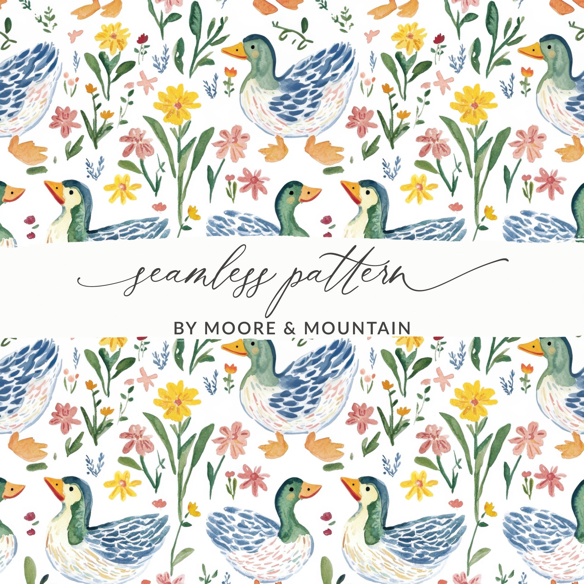 Seamless Duck Pattern Fabric, Watercolor Floral Duck Print, Spring Garden Fabric Design, Nature Inspired Textile, Crafting Quilting Material