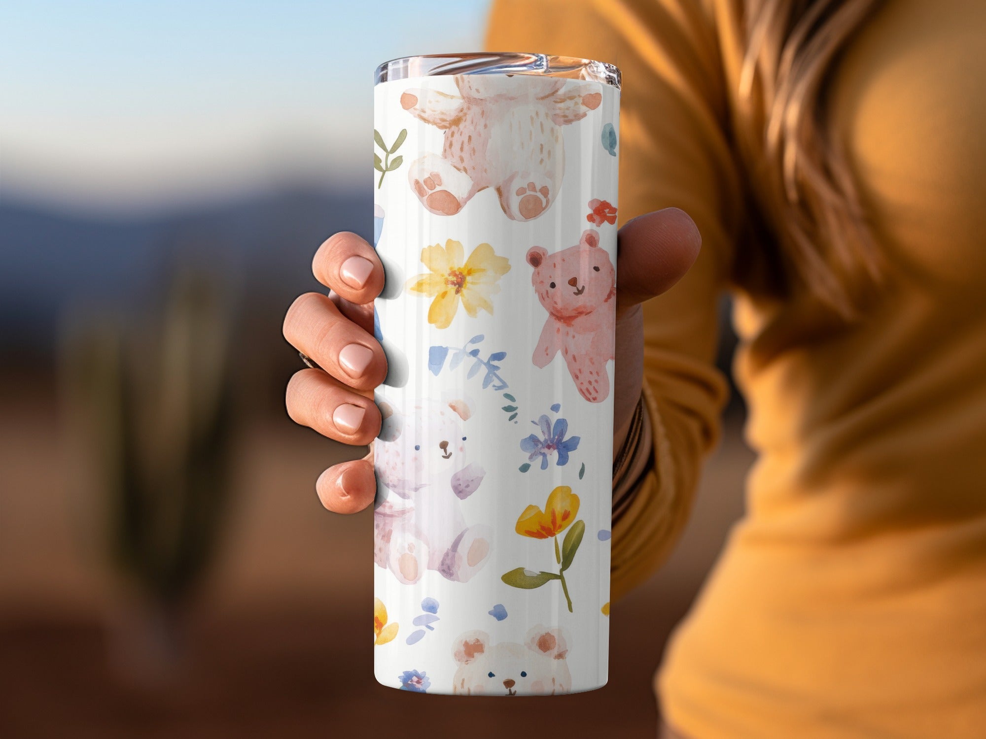 Floral and Animal Pattern Tumbler, Cute Bears and Flowers Travel Mug, Stainless Steel Insulated Drinkware, Gift Idea