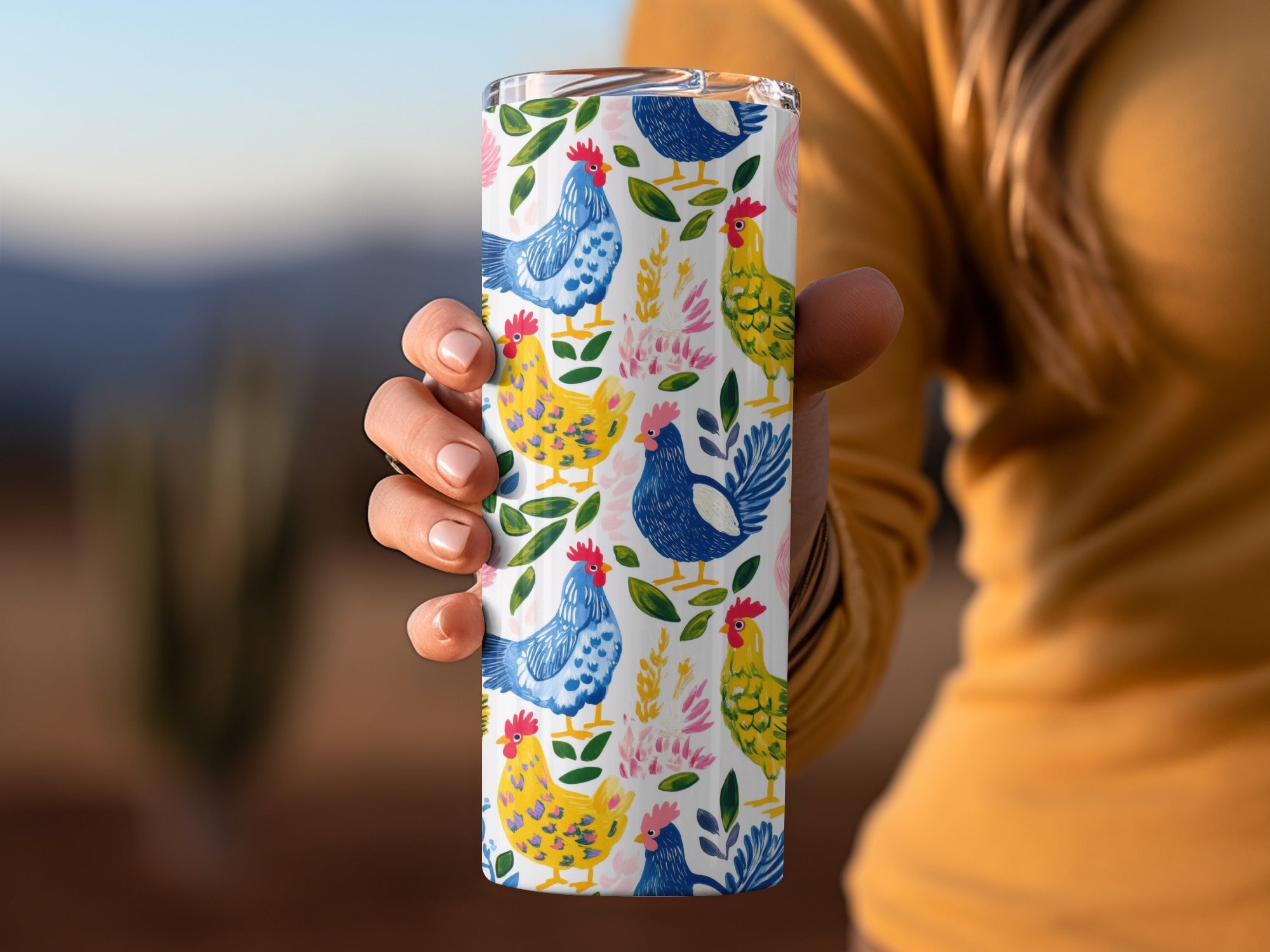 Colorful Chicken and Floral Pattern Tumbler - Insulated Drinkware, Farmhouse Style, Animal Design, Unique Gift Idea, Portable, Reusable