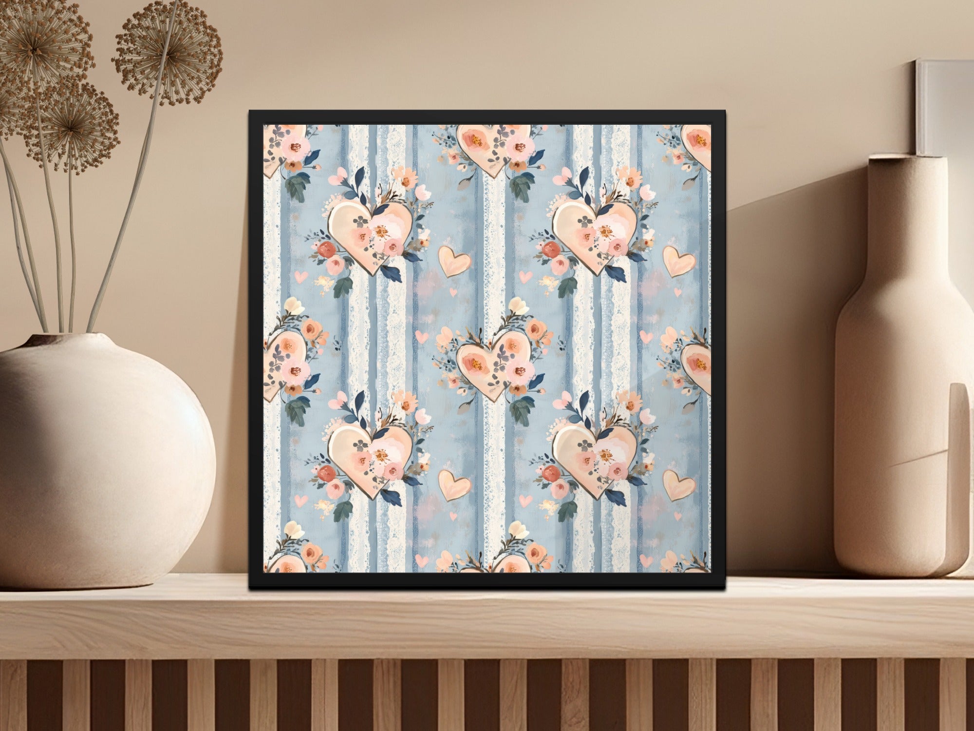 Peony Heart Floral Wall Art, Blue Striped Rustic Decor, Shabby Chic Poster, Large Bedroom Print, Living Room Decorative Artwork