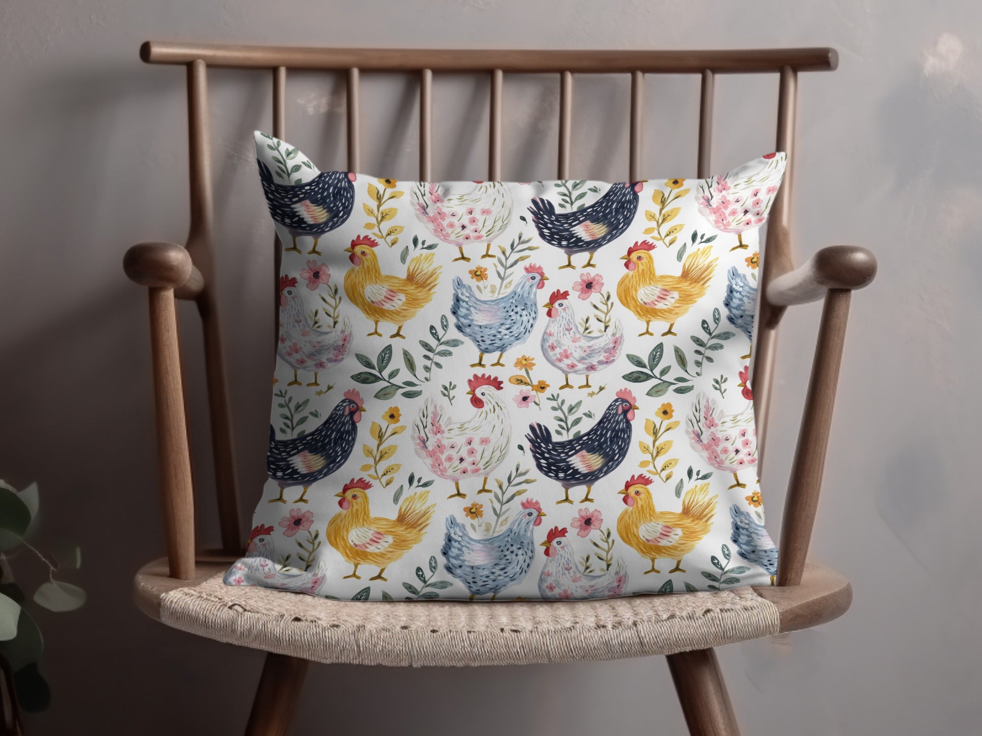 Farmhouse Chic Chicken Print Throw Pillow, Decorative Cushion for Country Home Decor, Retro Style Floral Patterns with Colorful Roosters