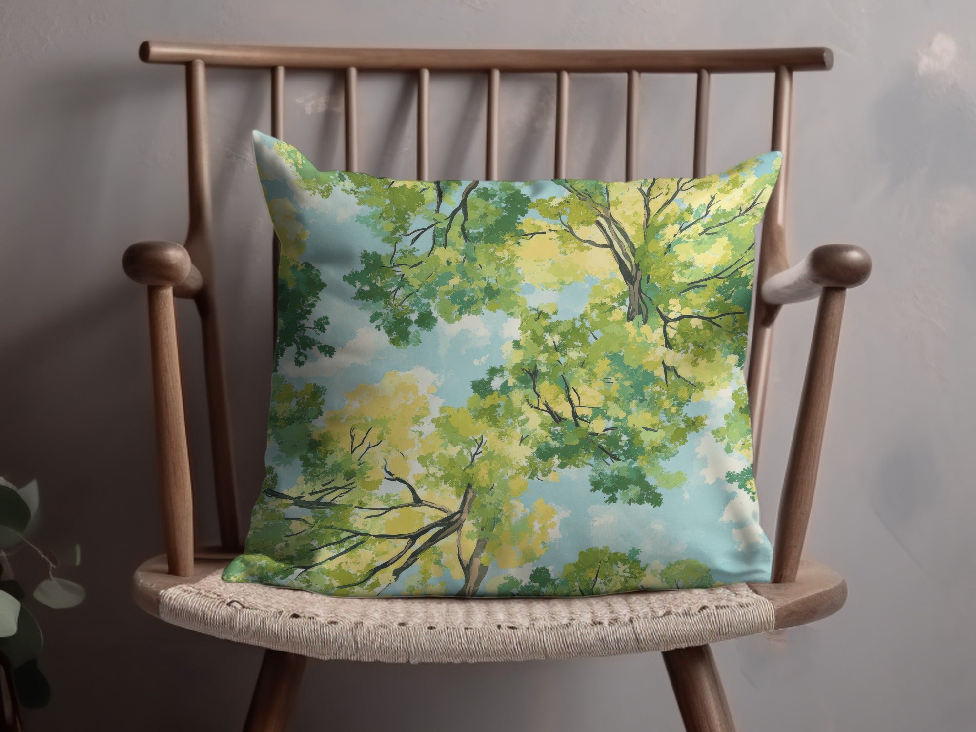 Decorative Spring Pillow Cover, Watercolor Tree Print, Green and Yellow Nature-Inspired, Square Throw Pillow, Home Decor, Gift Idea