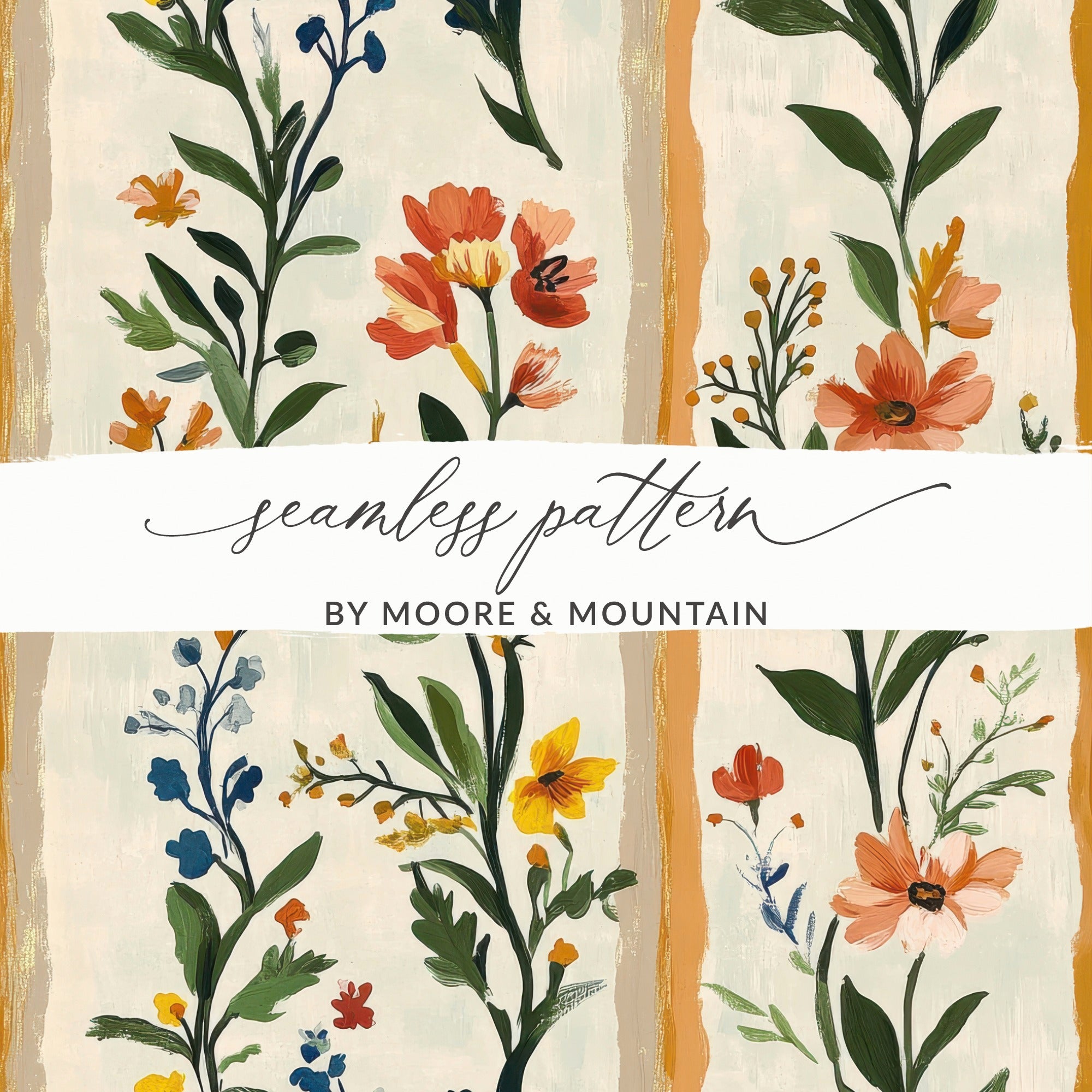 Vintage Floral Fabric, Botanical Seamless Pattern, Spring Garden Cotton Material, Quilting and Crafts, Orange and Yellow Flowers
