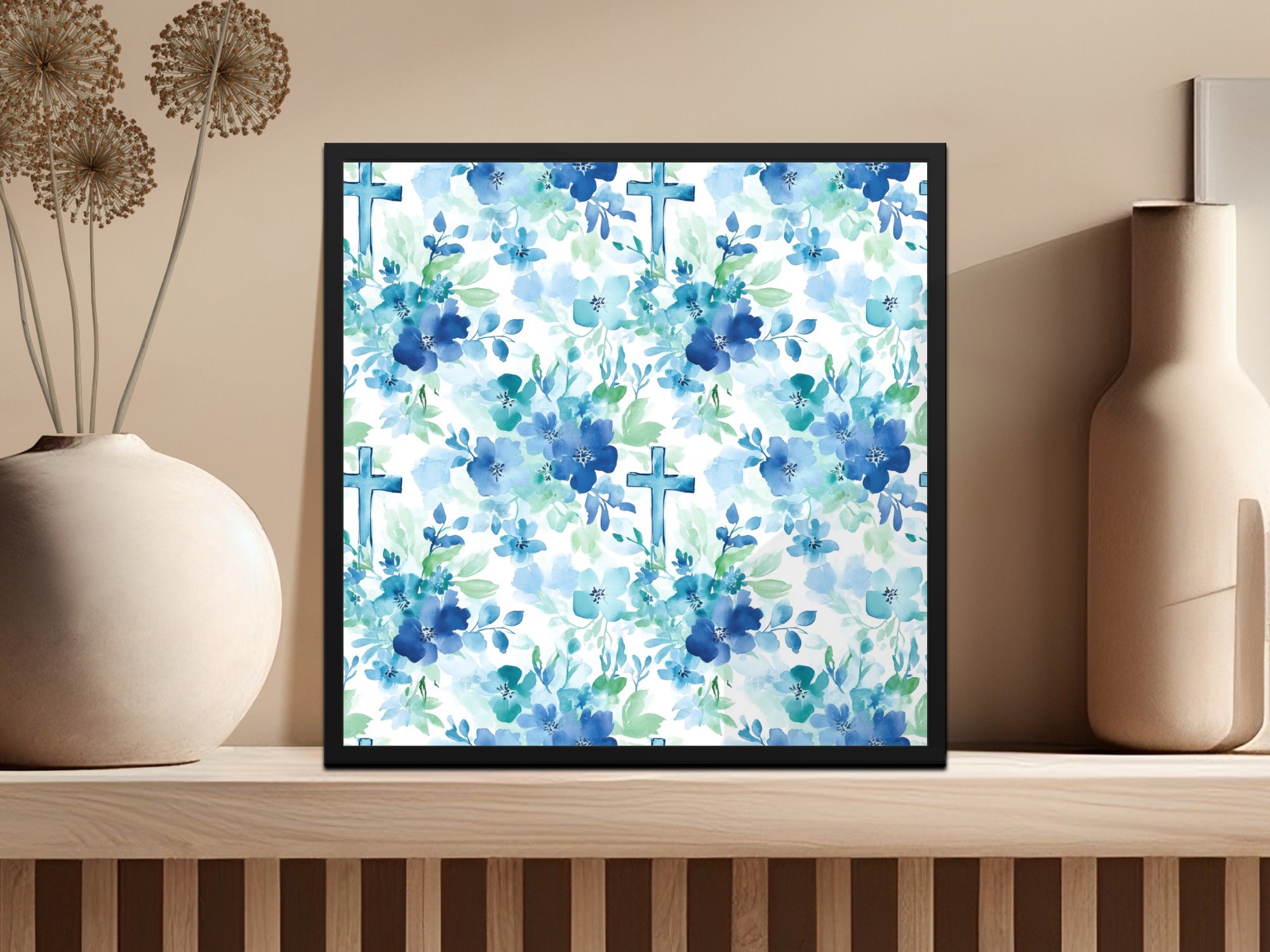 Floral Watercolor Wall Art, Blue and Green Flowers Print, Modern Home Decor, Botanical Illustration Poster, Living Room Artwork