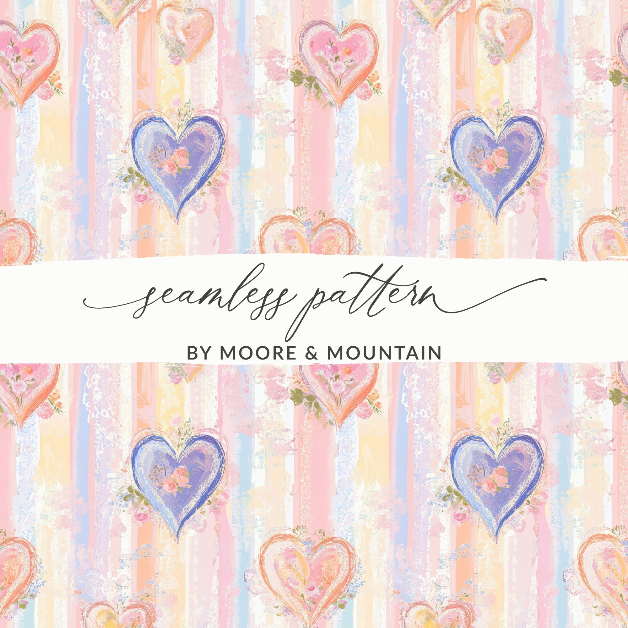 Vintage Floral Heart Seamless Pattern, Pastel Watercolor Stripe Background, Romantic Wallpaper Design, Digital Download Artwork