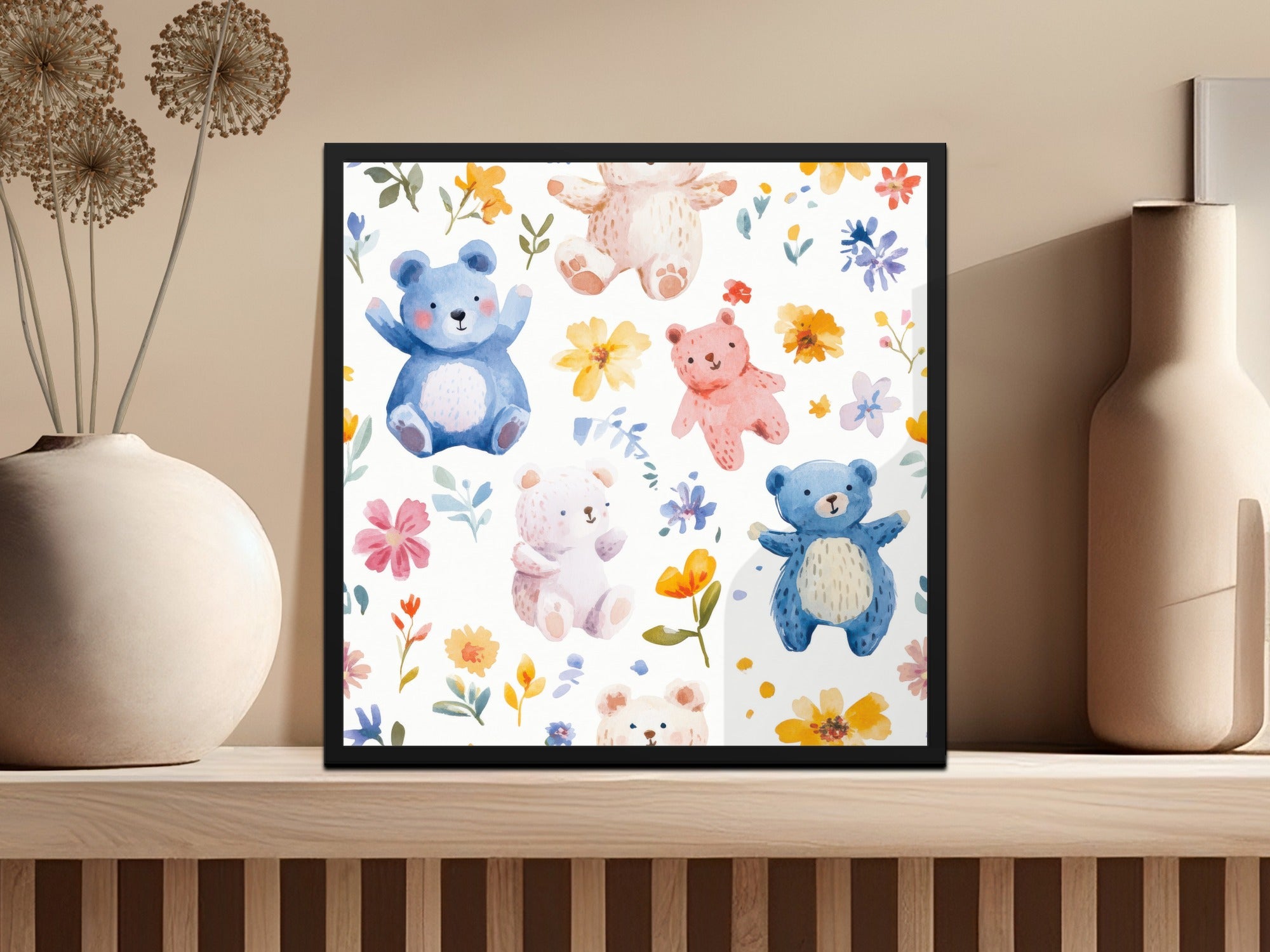 Watercolor Teddy Bears and Flowers Art Print, Nursery Wall Decor, Colorful Floral Kids Room Poster, Baby Shower Gift Idea