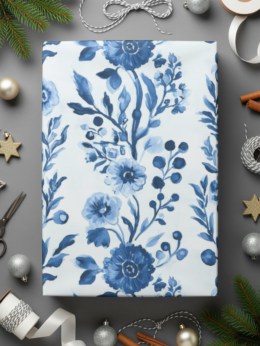 Blue Floral Wrapping Paper, Elegant Flower Print Gift Wrap, Winter Holiday Christmas Packaging, Artistic Botanical Design, Premium Quality