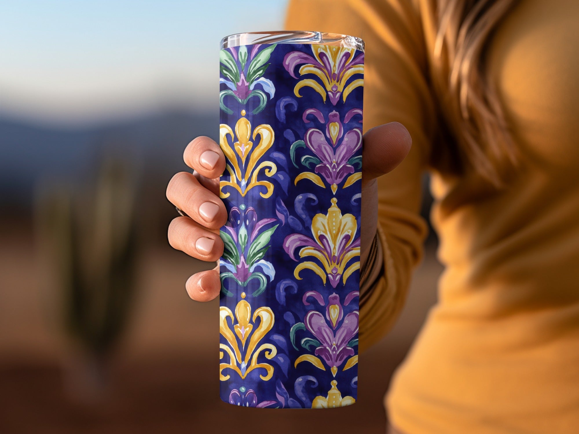 Colorful Fleur-de-Lis Tumbler, Insulated Travel Mug, Unique Floral Design, Stainless Steel, Gift Idea, Custom Drinkware, Blue and Purple