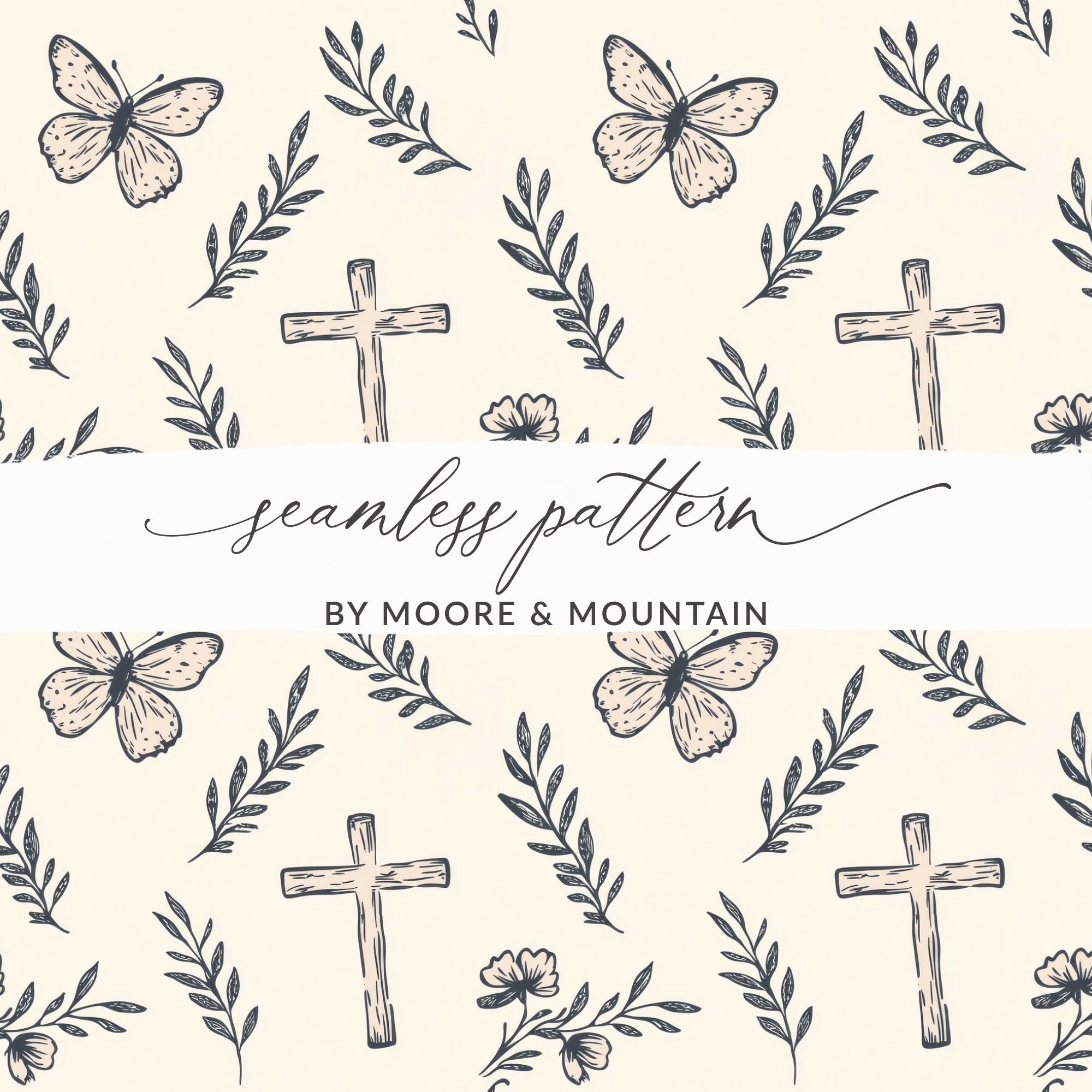 Seamless Religious Pattern, Christian Cross and Butterflies Design, Spiritual Home Decor Fabric, Vintage Style Christian Art, Easter Gift