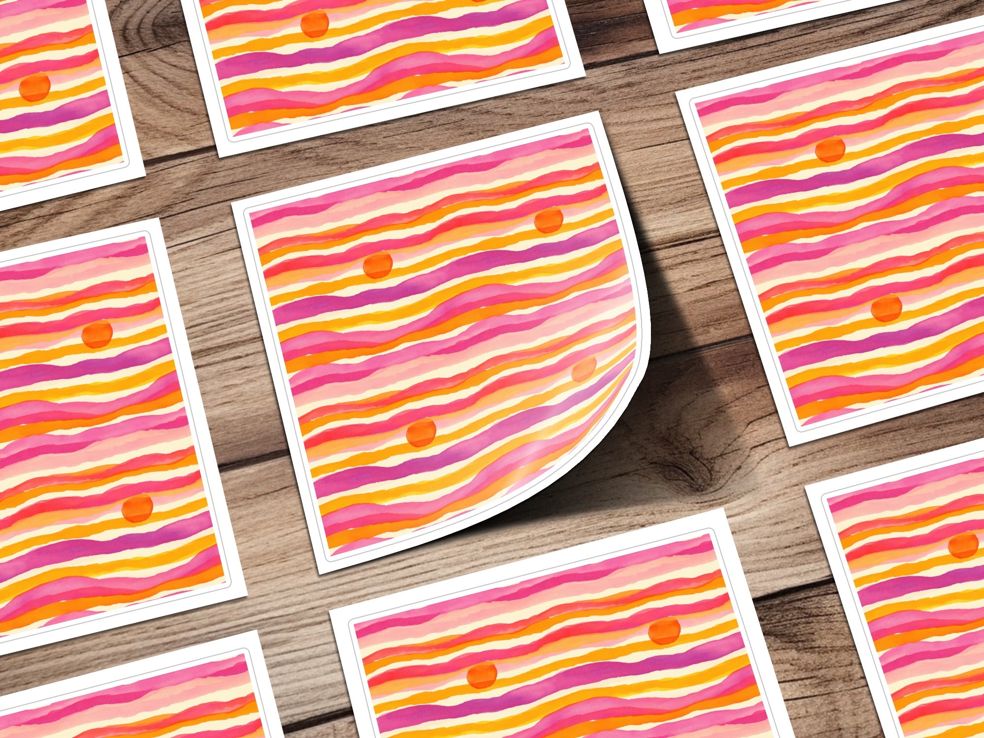 Colorful Abstract Watercolor Art Postcards, Sunset Waves Design, Set of 10, Bright Orange and Pink Stripes, Unique Mailable Art Pieces