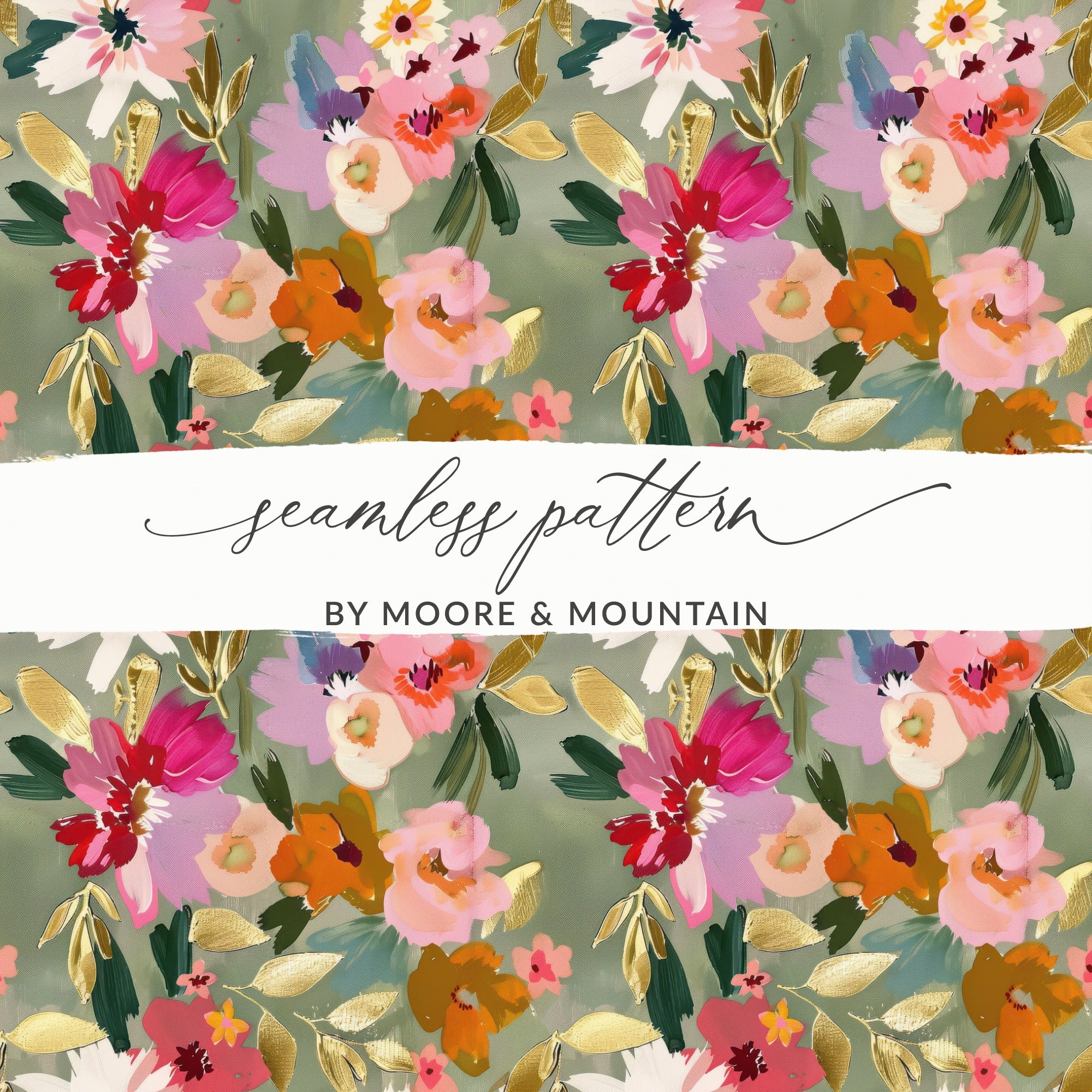 Floral Fabric Seamless Pattern, Vintage Pink and Red Flowers on Green, Ideal for Dresses, Crafts, Home Decor