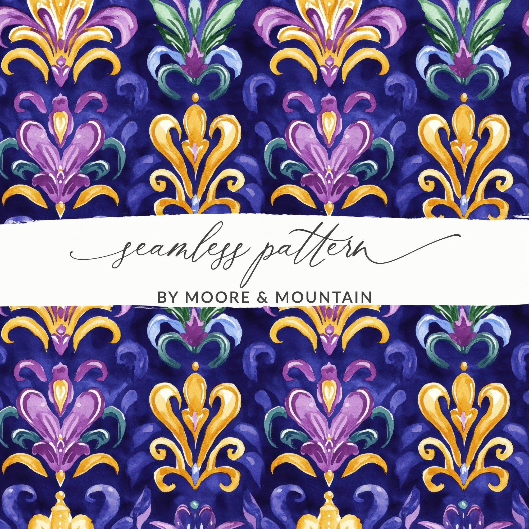Luxurious Watercolor Seamless Pattern, Royal Blue Fleur-de-Lis, Vibrant Purple and Gold, Artistic Wallpaper, Home Decor Textile, Unique Gift