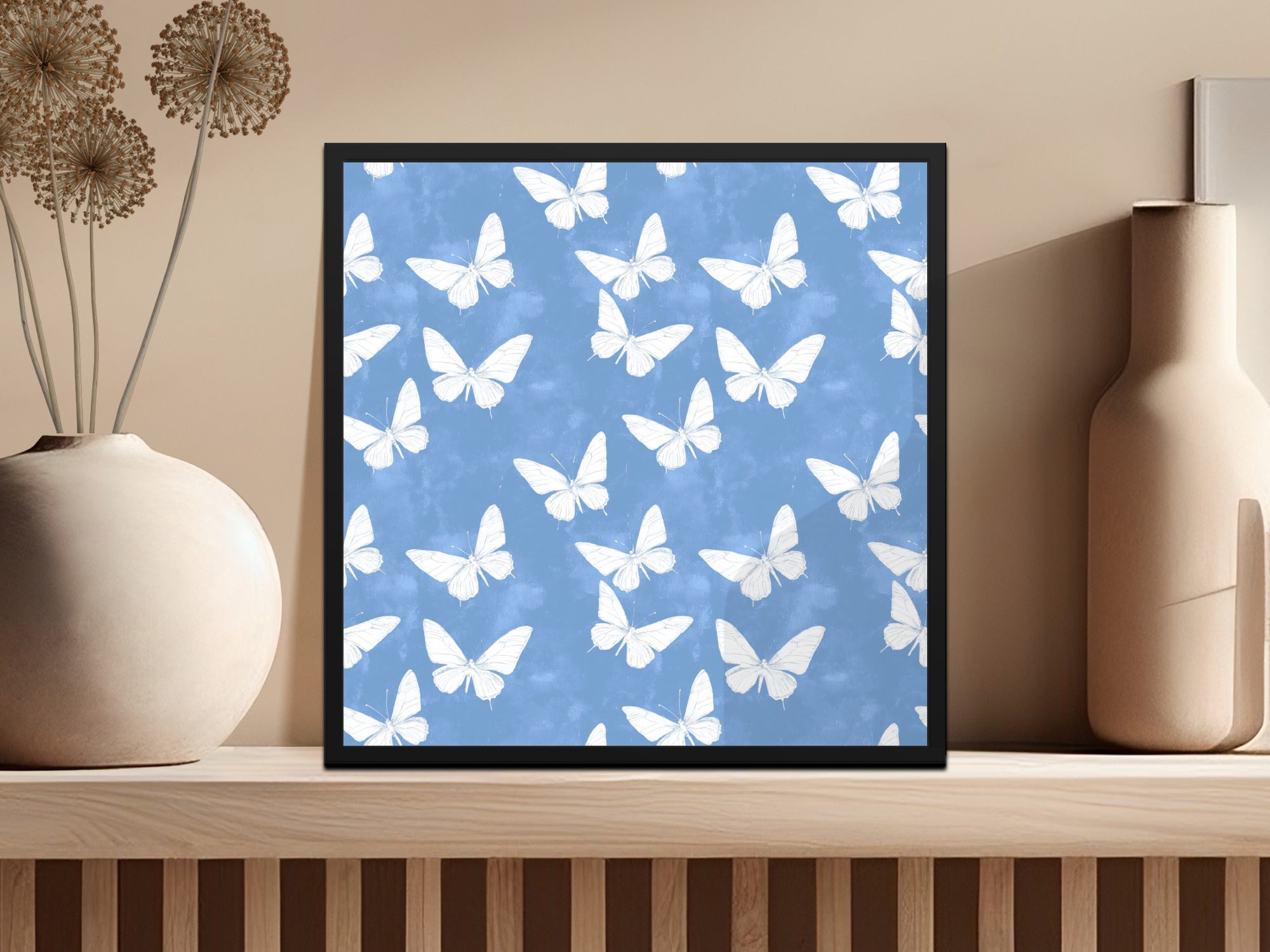 Butterfly Wall Art Print, Modern Blue and White Home Decor Poster, Aesthetic Living Room Artwork, Nature Inspired Bedroom Decoration