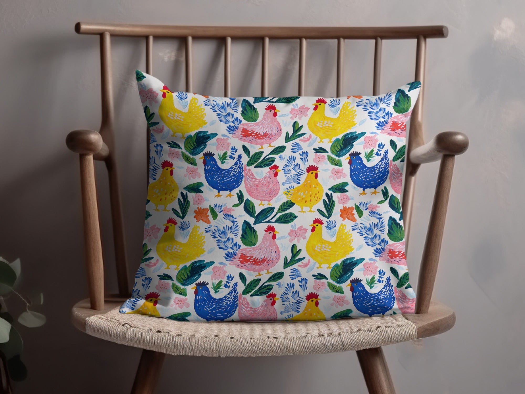 Colorful Chicken and Floral Pattern Throw Pillow, Farmhouse Decorative Cushion, Bright Spring Living Room Accessory, Unique Gift Idea
