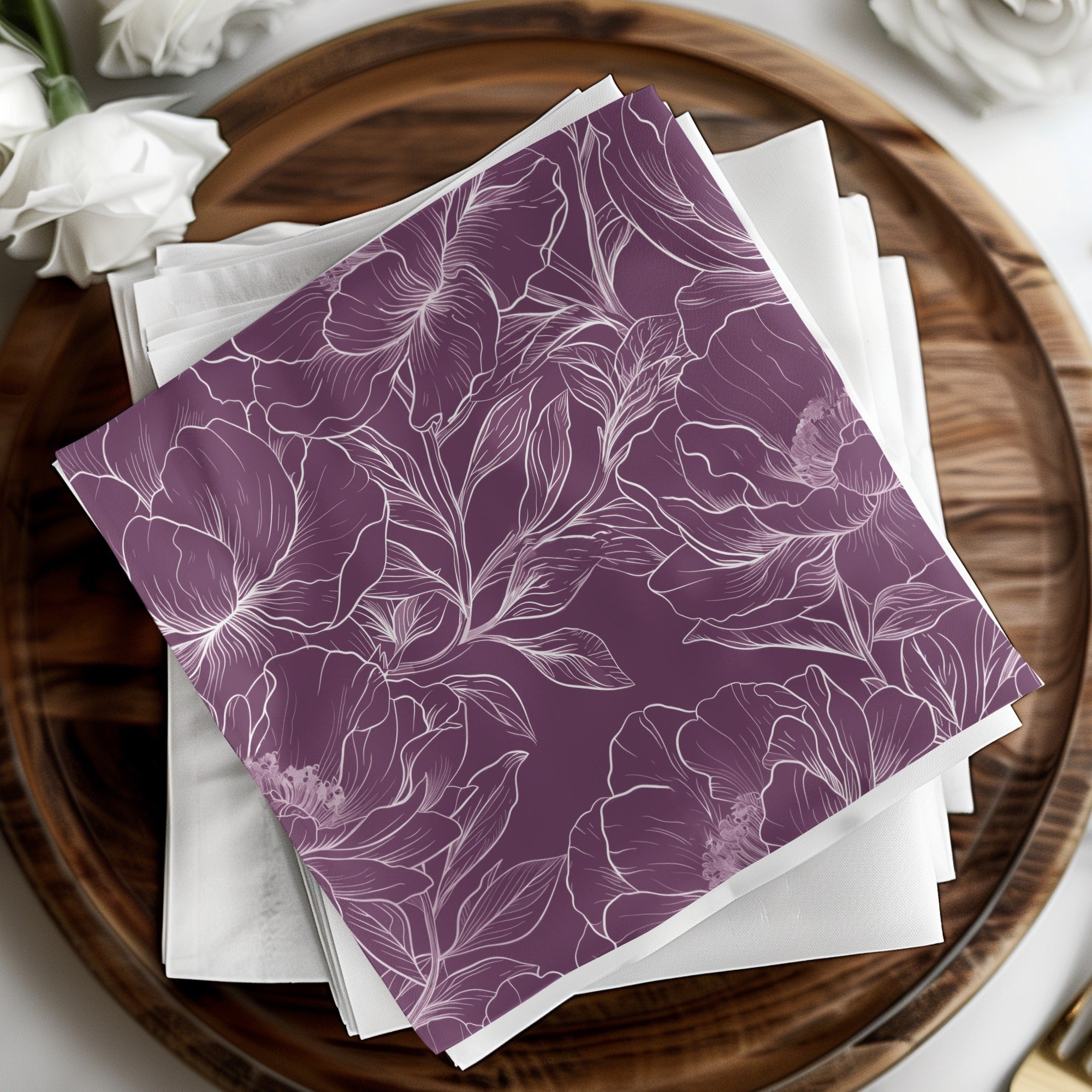 Elegant Purple Floral Napkins for Wedding, Luxury Dinner Party Supplies, Set of 4, Washable and Reusable