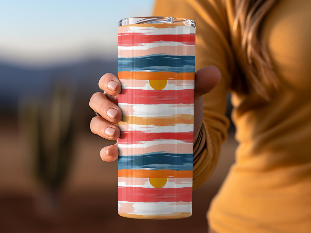 Colorful Tumbler Travel Mug, Abstract Sunset Stripe Design, Insulated Water Cup, Stainless Steel Drinkware, Unique Gift Idea