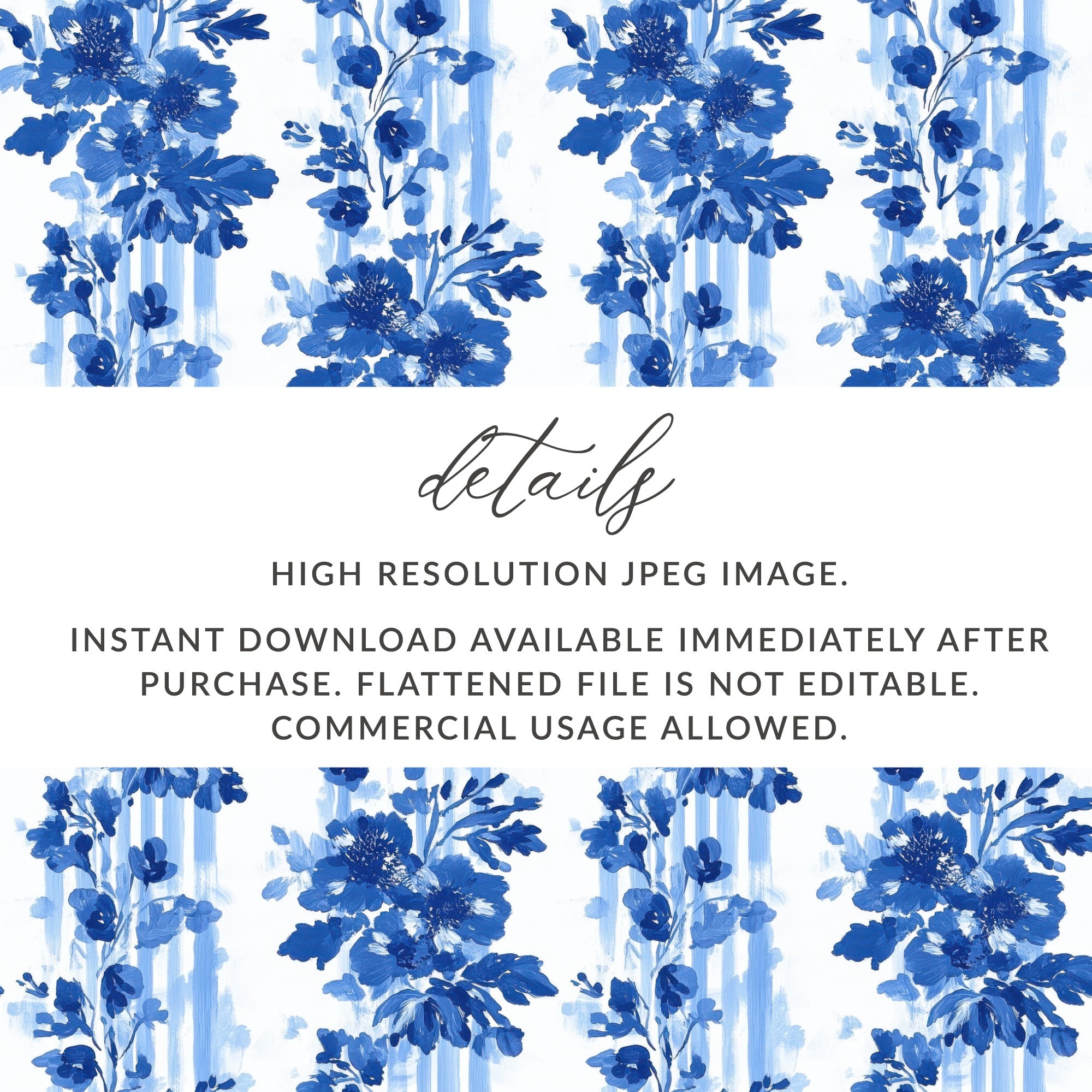 Blue Floral Digital Paper, High Resolution Instant Download, Seamless Pattern, Commercial Use, Crafting Background, JPEG File