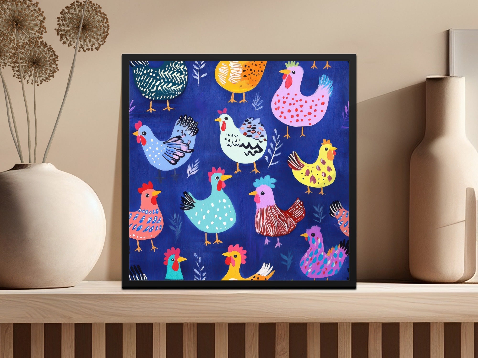 Colorful Chicken Art Print, Whimsical Farmhouse Kitchen Decor, Wall Art, Folk Style, Bright Colors, Unique Poultry Illustration, Gift Idea