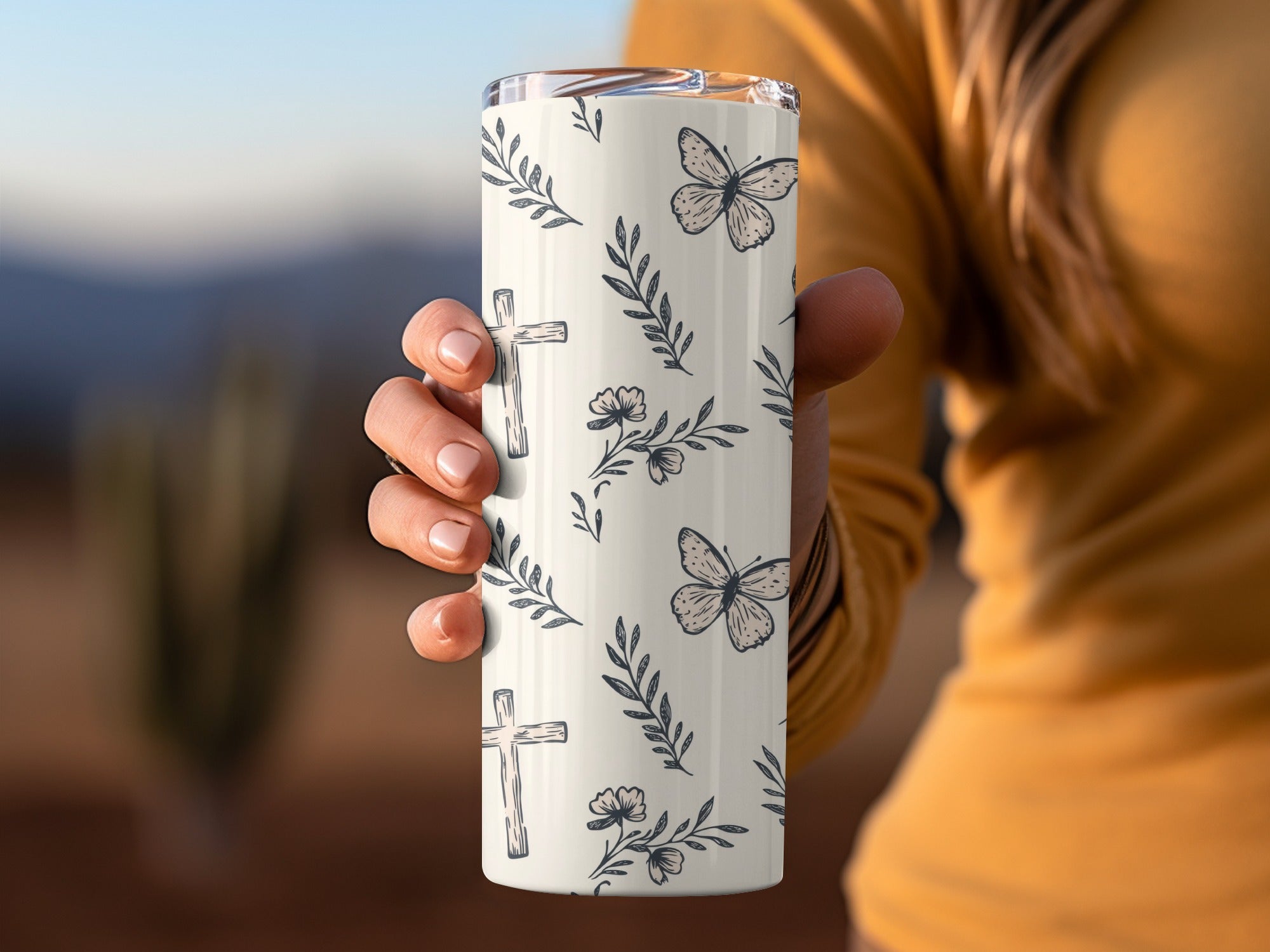 Floral Christian Tumbler, Butterfly and Cross Design, Insulated Travel Mug, Faith-based Gift, Spiritual Kitchen Decor, Eco-friendly
