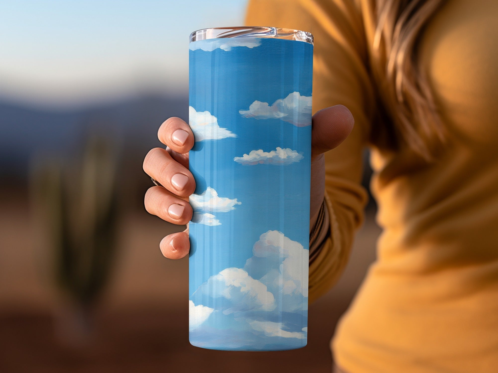Sky-Themed Insulated Tumbler, Reusable Blue Travel Mug with Cloud Design, Eco-Friendly Outdoor Drinkware, Unique Gift Idea