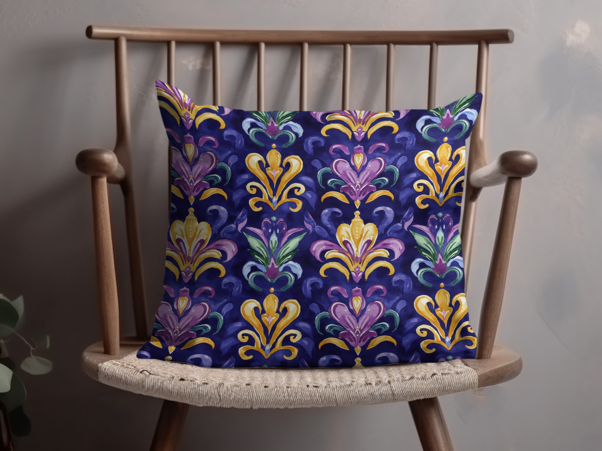 Luxurious Fleur-de-Lis Pattern Cushion, Colorful Throw Pillow, Decorative Sofa Accessory, Royal Blue Purple Gold, Home Decor Gift Idea