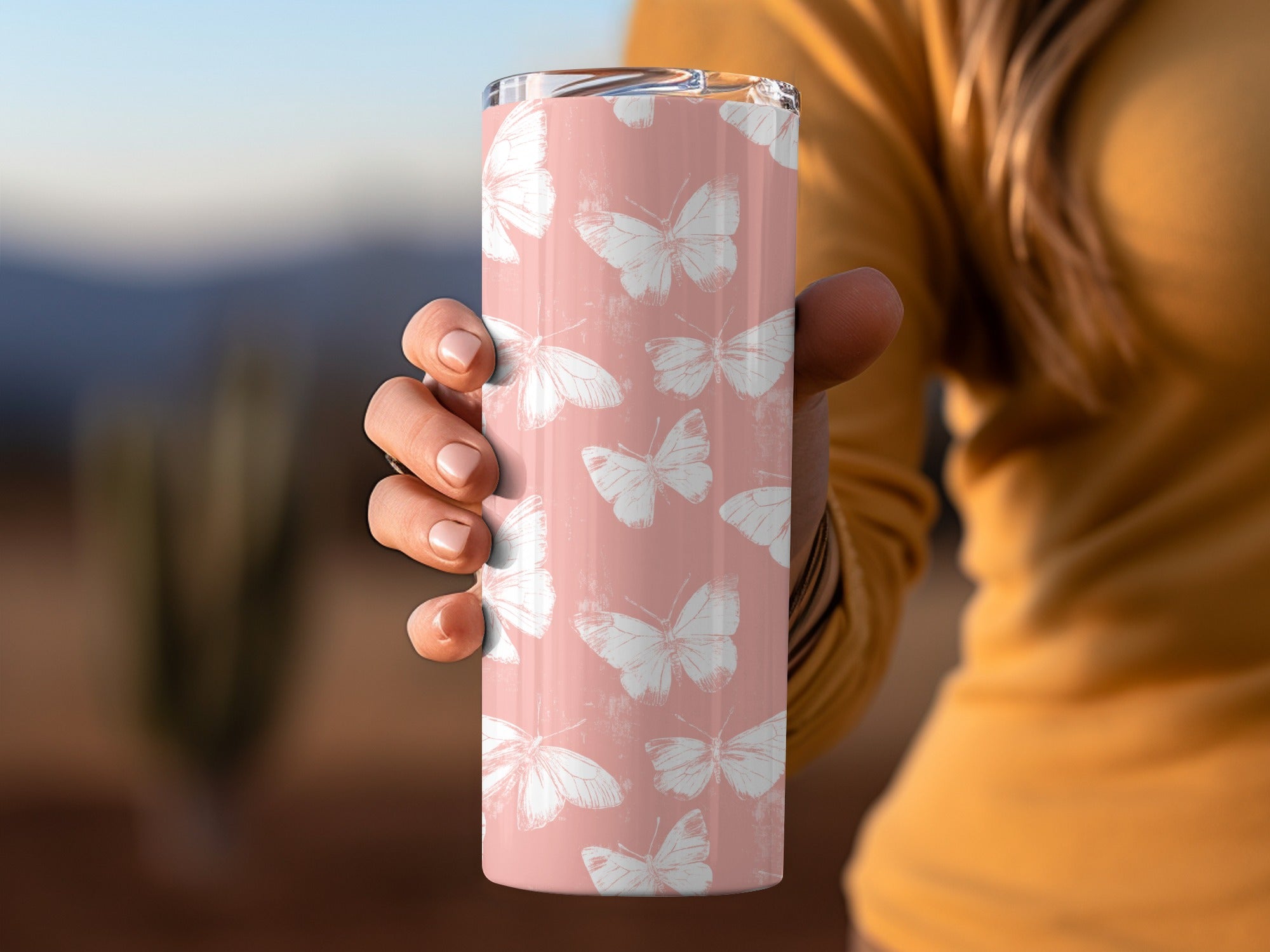Pink Butterfly Tumbler, Insulated Travel Mug, Stainless Steel, Hot Cold Beverage, Camping Gear, Eco-Friendly Gift, Nature Lover Essential
