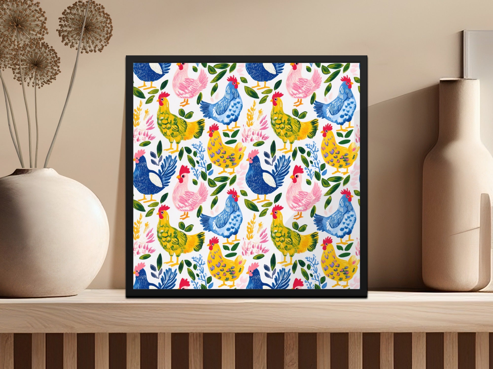 Colorful Chicken Art Print, Farmhouse Kitchen Decor, Rustic Wall Art, Country Style Poster, Bright Floral and Bird Illustration, Home Decor