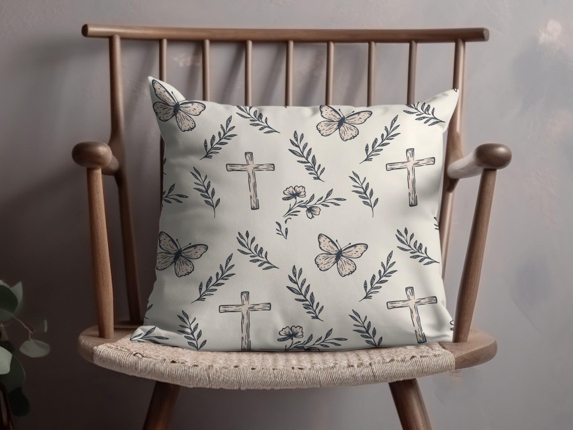 Butterfly and Cross Design Throw Pillow, Religious Easter Decorative Cushion, Christian Symbols Home Decor, Spiritual Living Room Accessory
