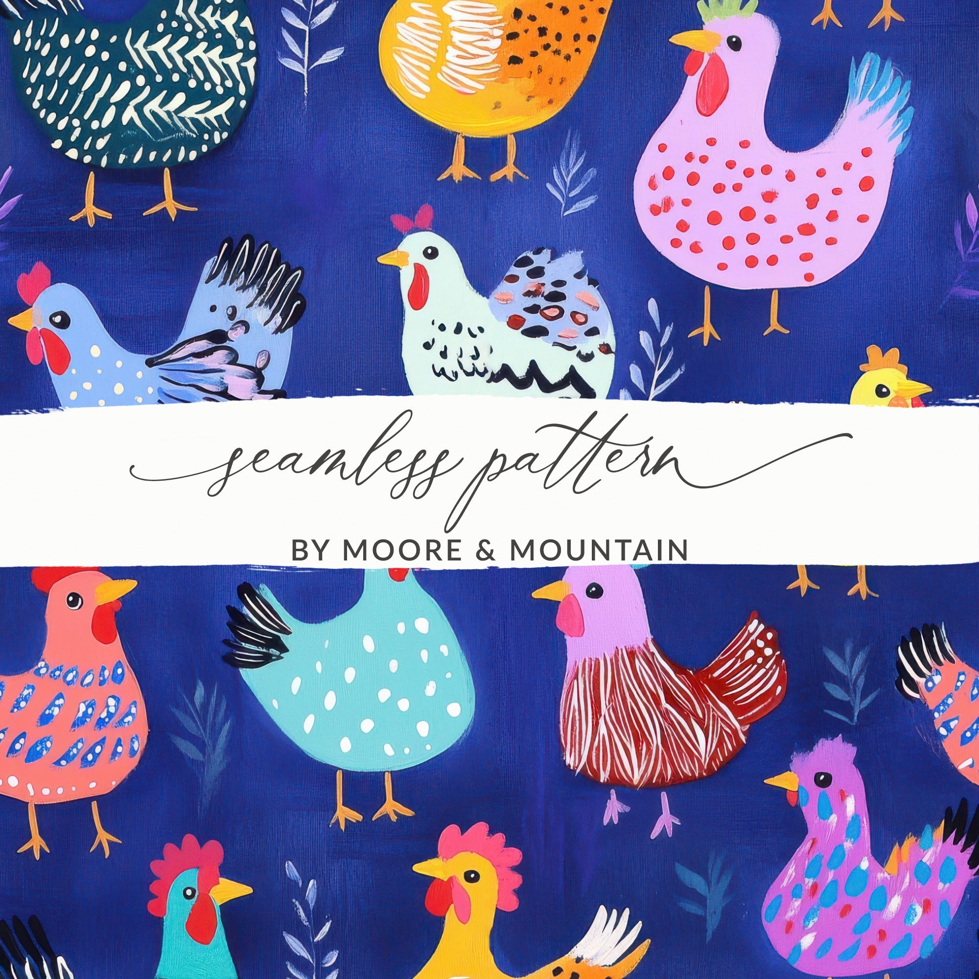 Colorful Chicken Art Print, Farmhouse Decor, Whimsical Birds Illustration, Seamless Pattern, Kitchen Wall Art, Nursery Room Decoration