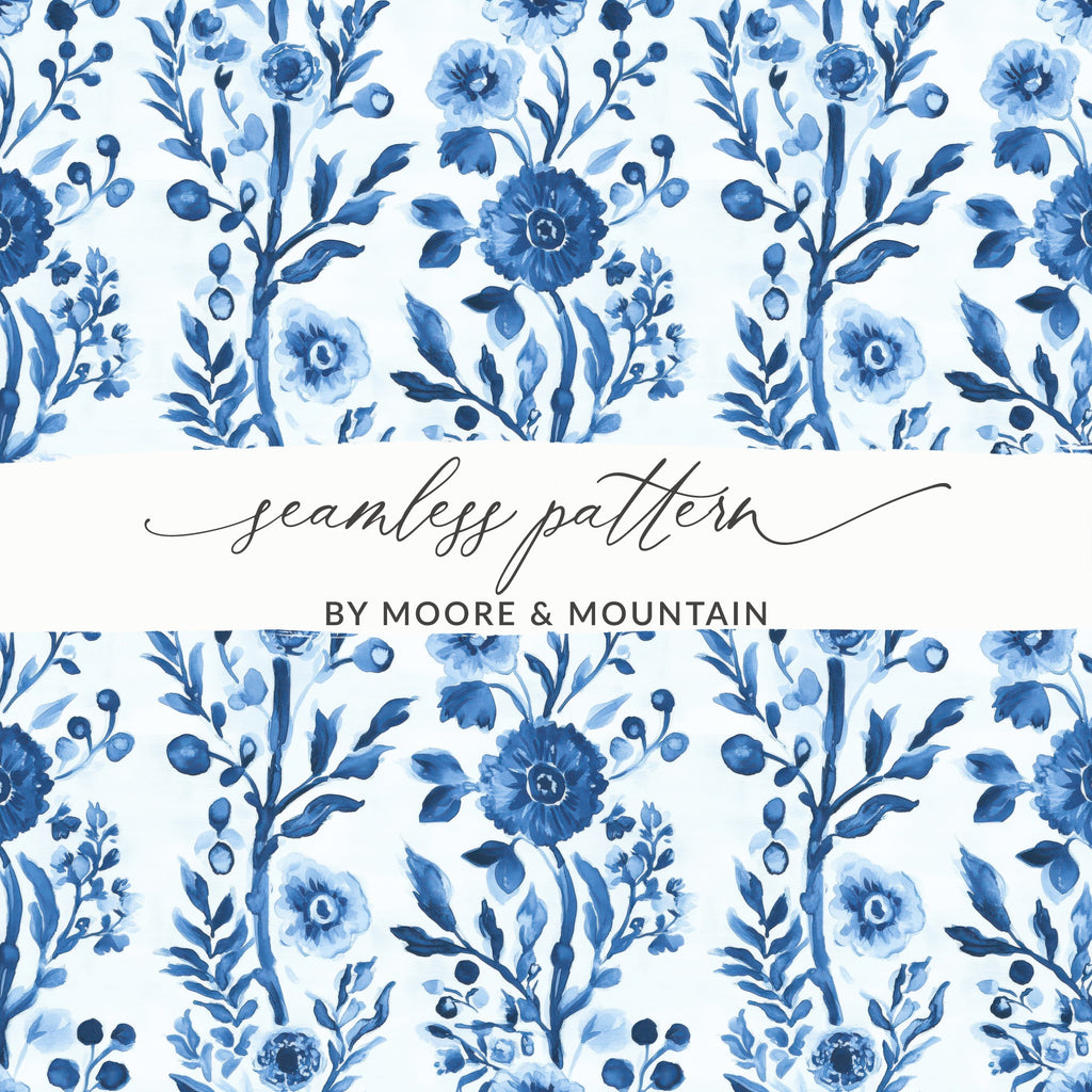 Blue Floral Watercolor Seamless Pattern, Botanical Wallpaper Design, Digital Download Fabric Print, Craft Supplies, Home Decor Ideas