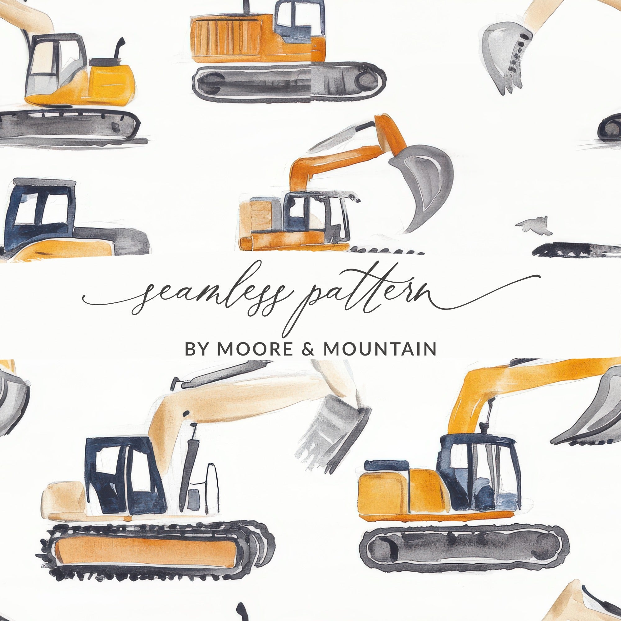 Construction Equipment Seamless Pattern, Watercolor Excavator Print, Boys Room Wall Art, Nursery Decor, Builder Theme Wallpaper