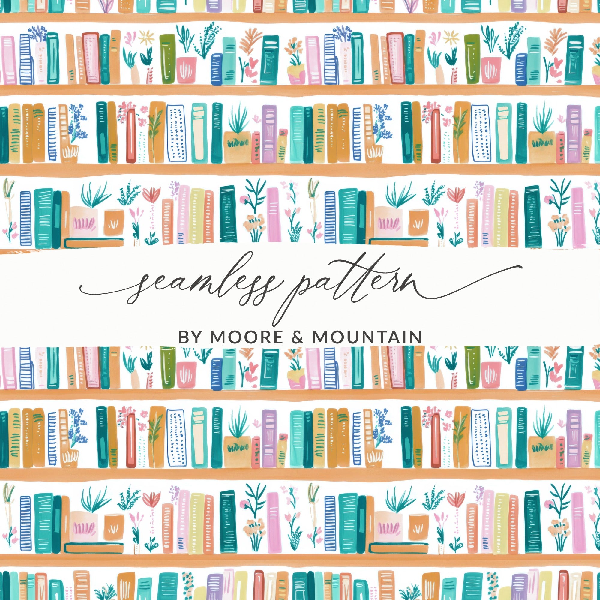 Colorful Bookshelf Seamless Pattern, Library Art, Reading Nook Decor, Home Office Wallpaper, Book Lover Gift, Wall Hanging, Modern Print