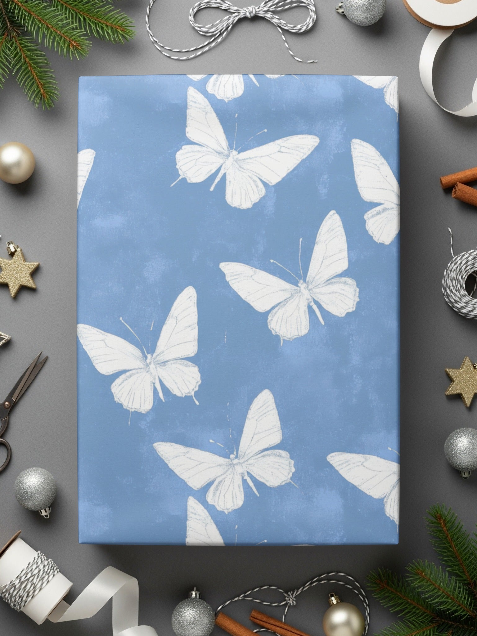 Blue Butterfly Wrapping Paper, Elegant Gift Wrap, Christmas Holiday Packaging, Festive Nature Inspired Design, Premium Quality