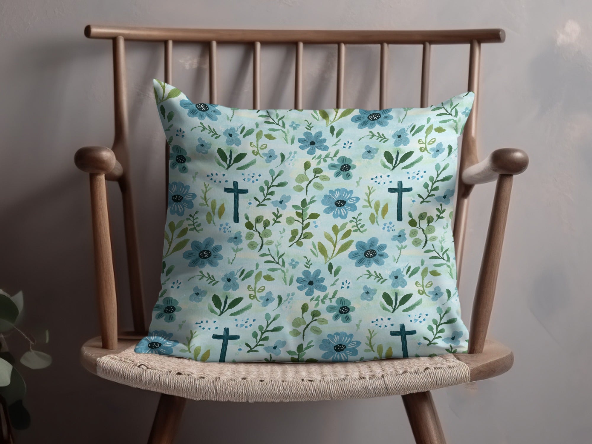 Decorative Christian Pillow, Floral Pattern Cross Design, Light Blue Throw Cushion, Spiritual Home Decor, Religious Gift Idea